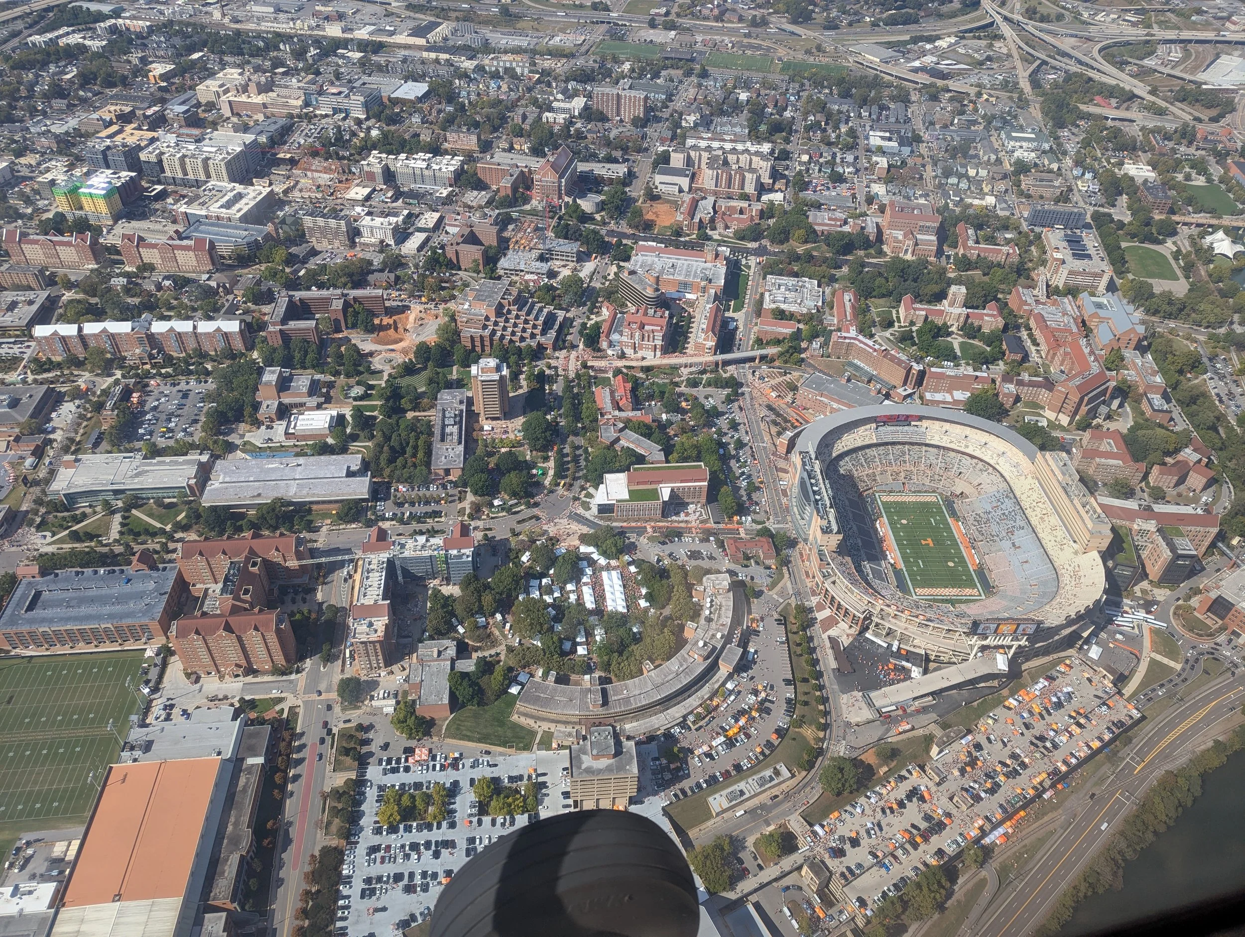 Aerial view of a Neyland Stadium and the surrounding UTK campus captured during a training flight.