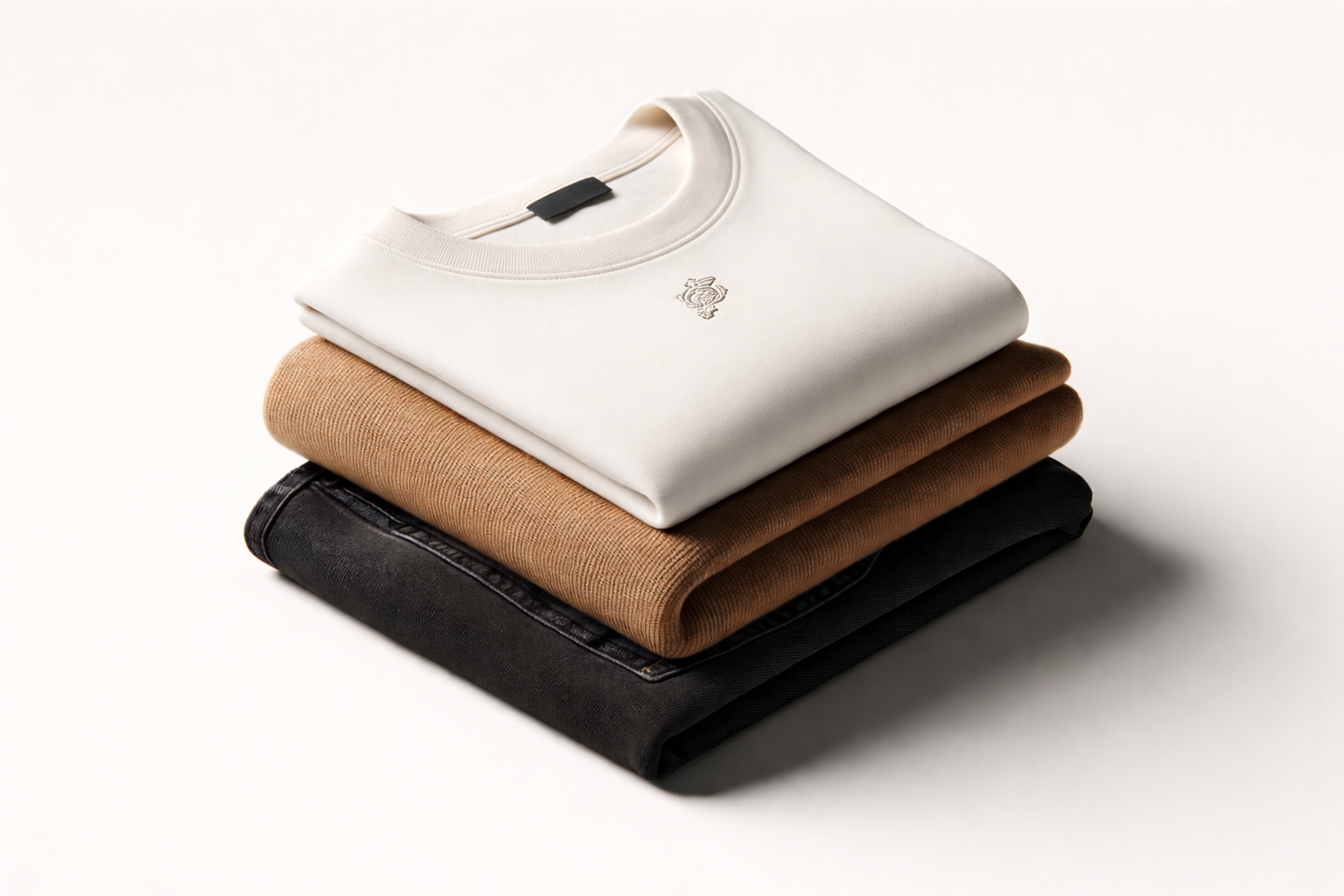 Tecido de roupas empilhadas de cores diferentes, incluindo branco, bege, marrom e preto, em fundo claro