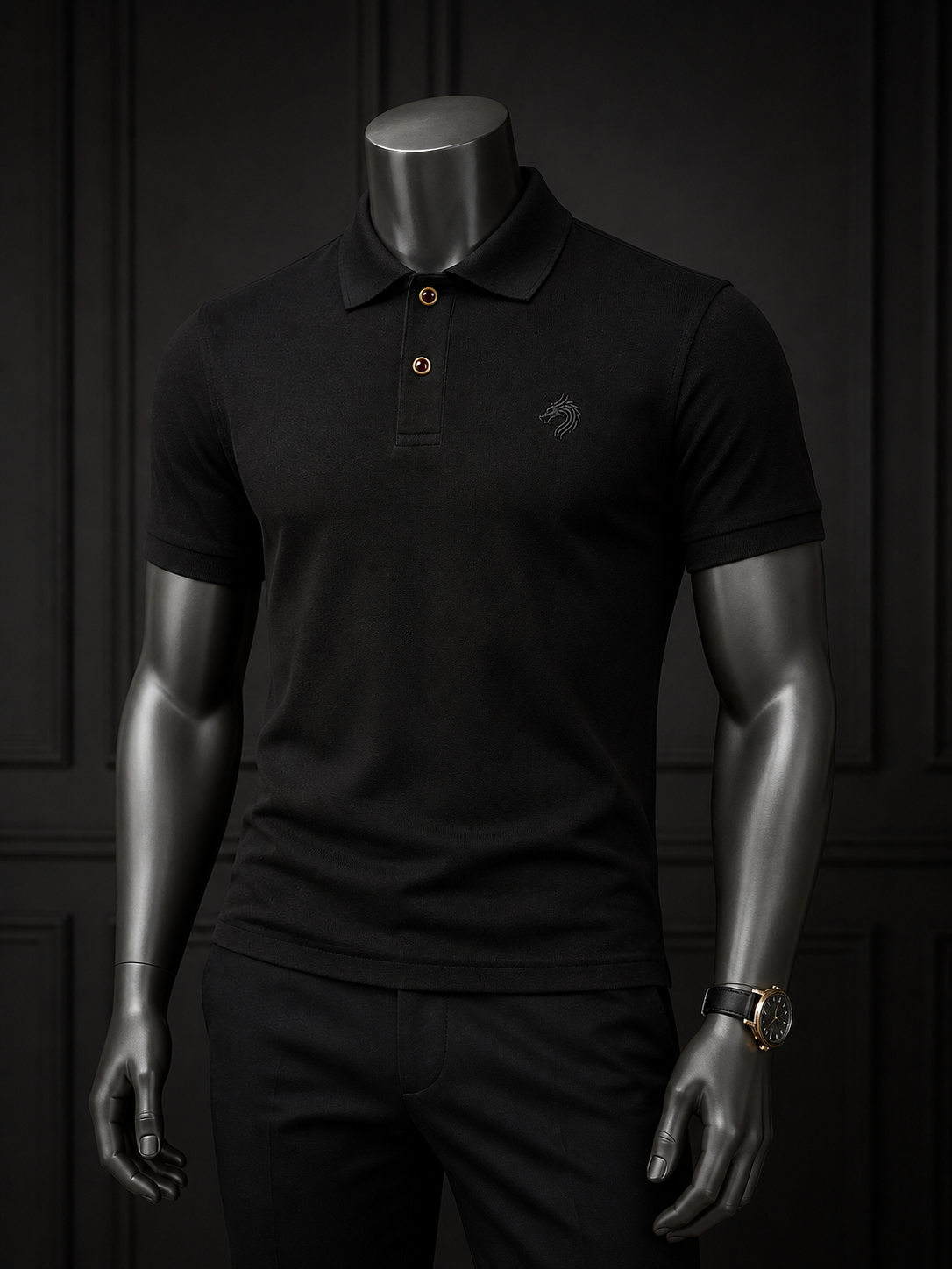 Camisa pólo preta em manequim, detalhes dourados na camisa e relógio no pulso, fundo escuro.