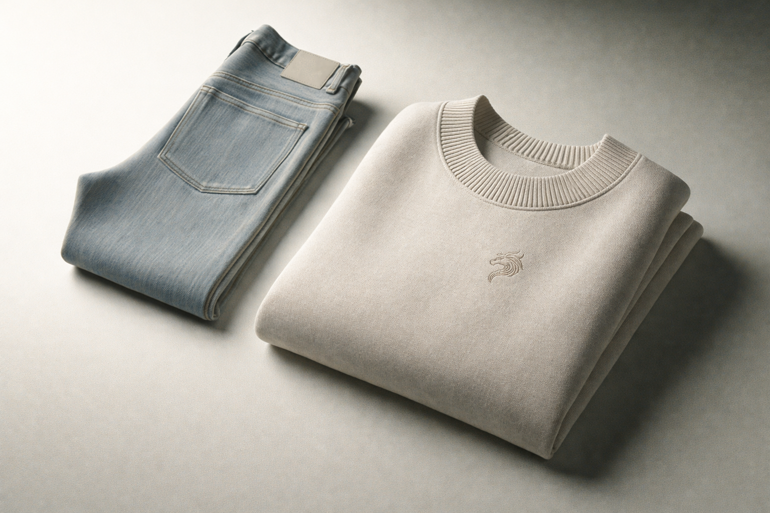 Um par de jeans azul claro e um suéter bege com um pingente de um leão bordado no centro, ambos dobrados e colocados sobre uma superfície neutra.