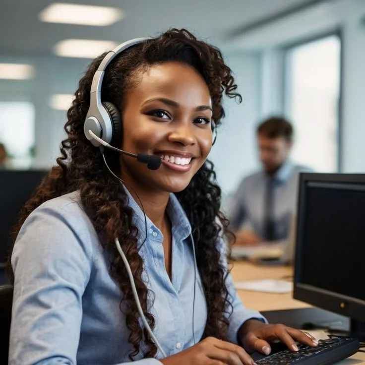 Mulher sorridente usando headset em ambiente de escritório