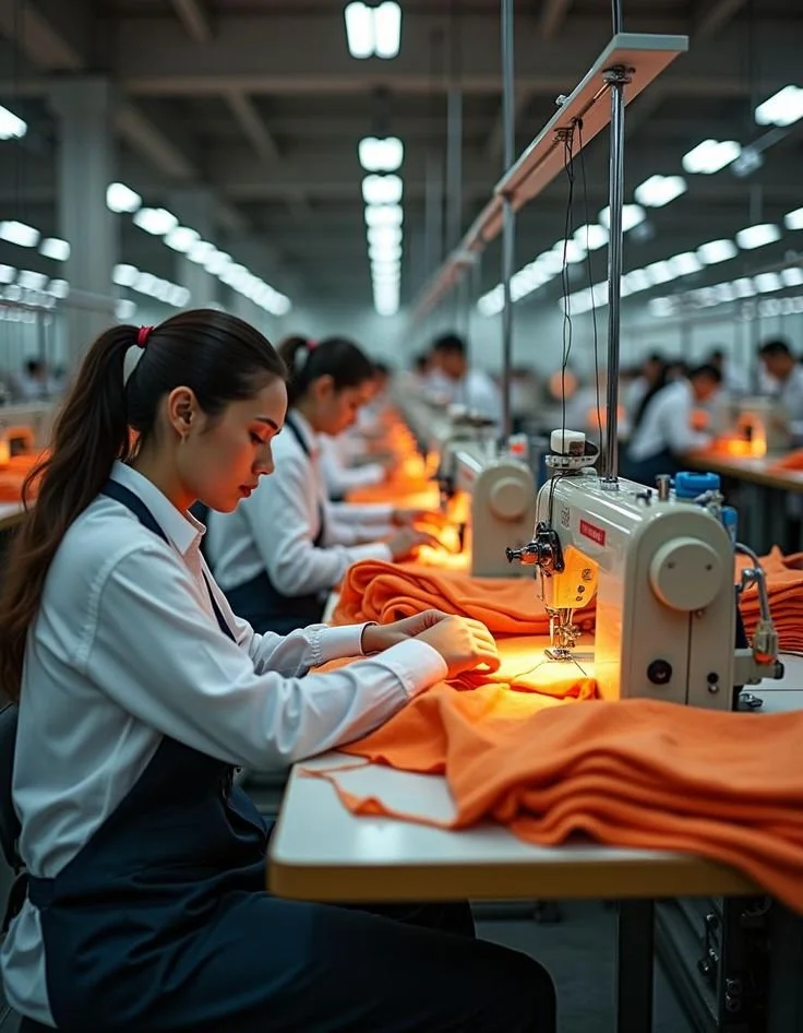 Mulheres trabalhando em uma fábrica de roupas, costurando tecido laranja com máquinas de costura.