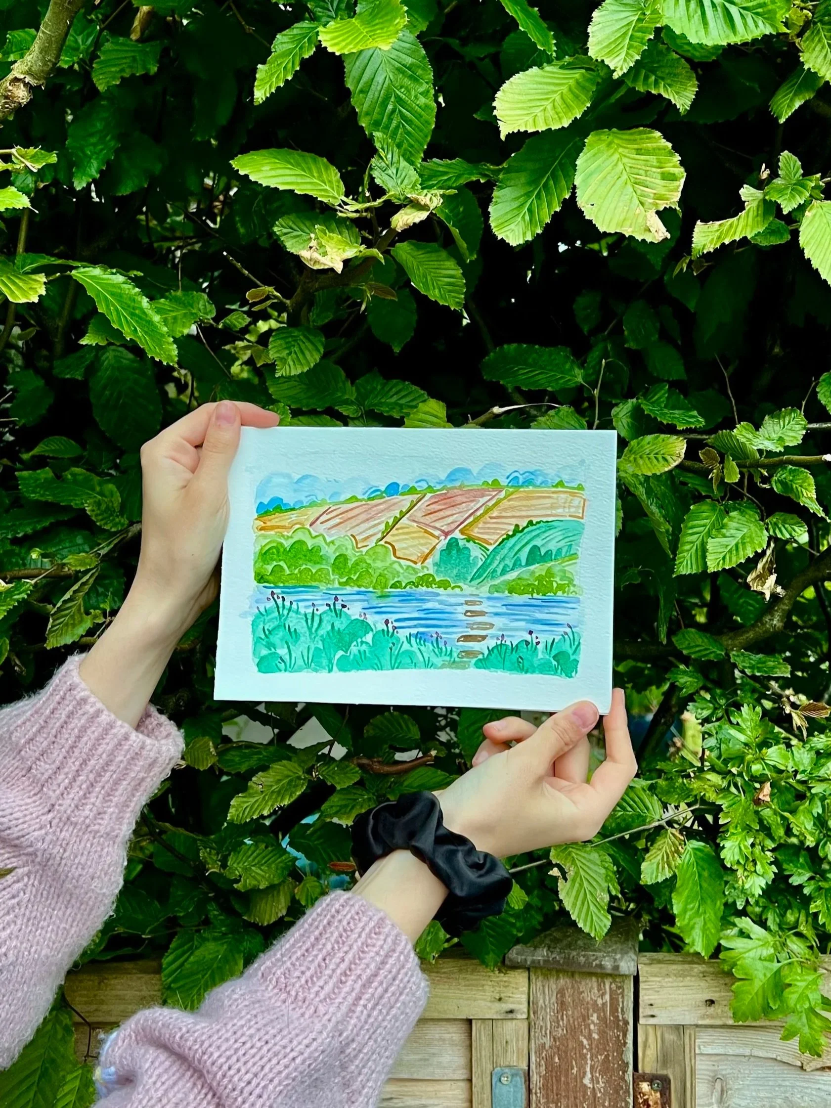 Farm fields A5 painting (original, 3 of 3)