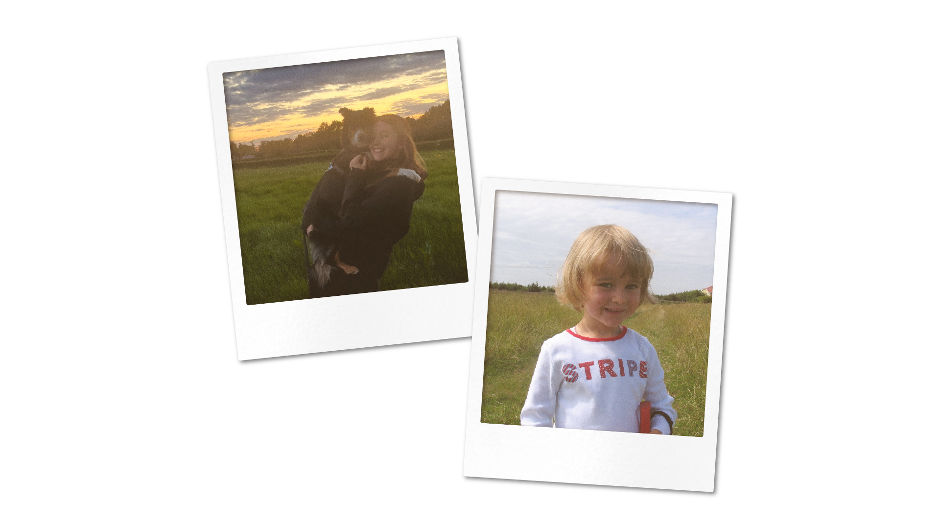 Two polaroid-style photos showing a woman with a dog (Sam and her dog Winnie), with another picture of Sam as a child.