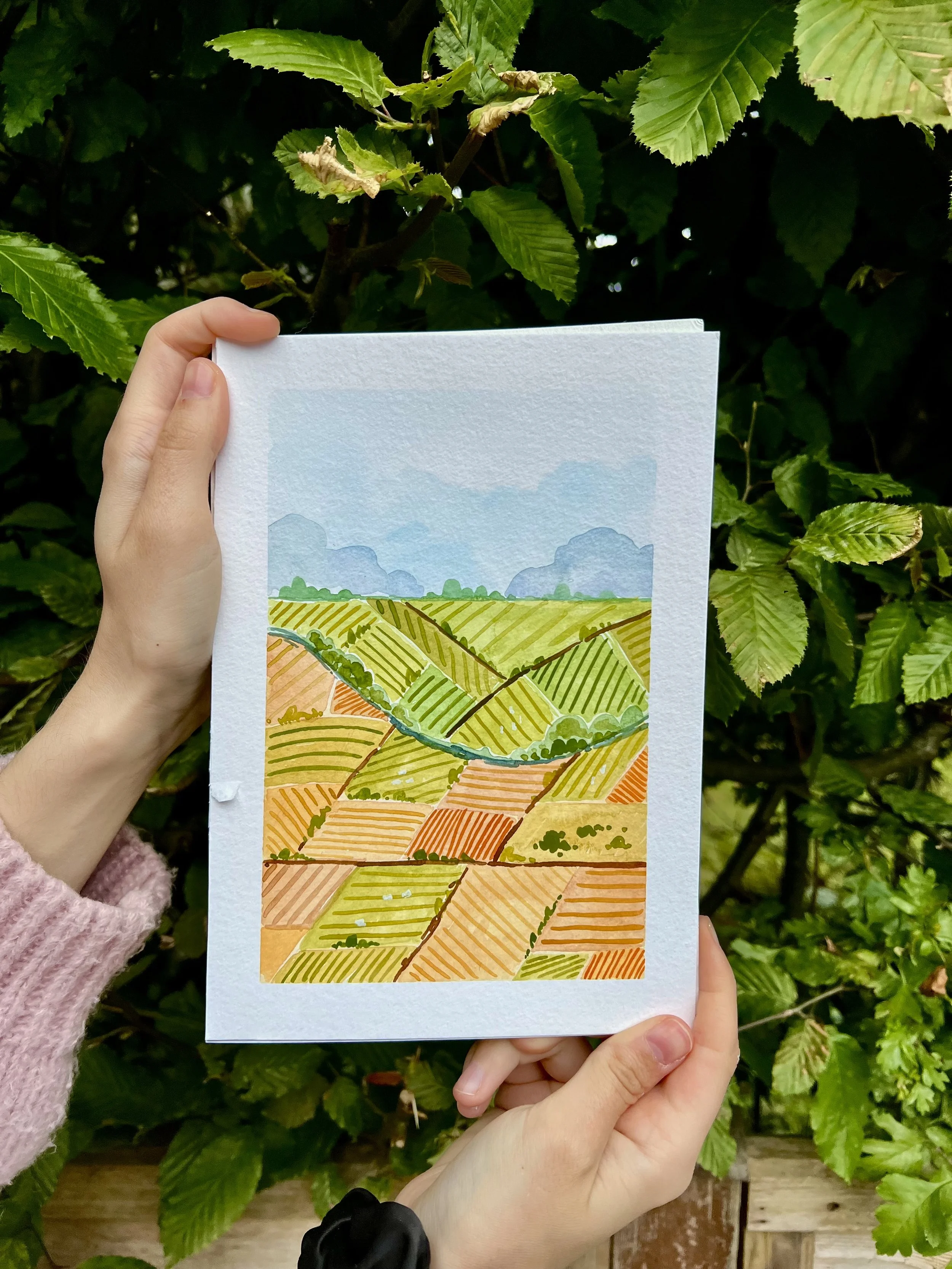 Farm fields A5 painting (original, 1 of 3)