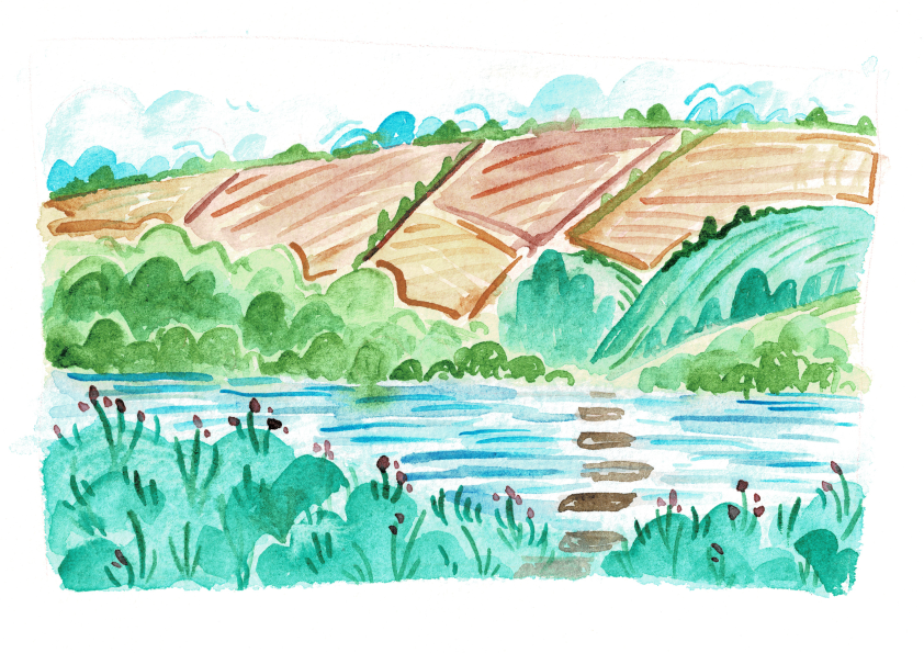 Watercolour landscape - stepping stones