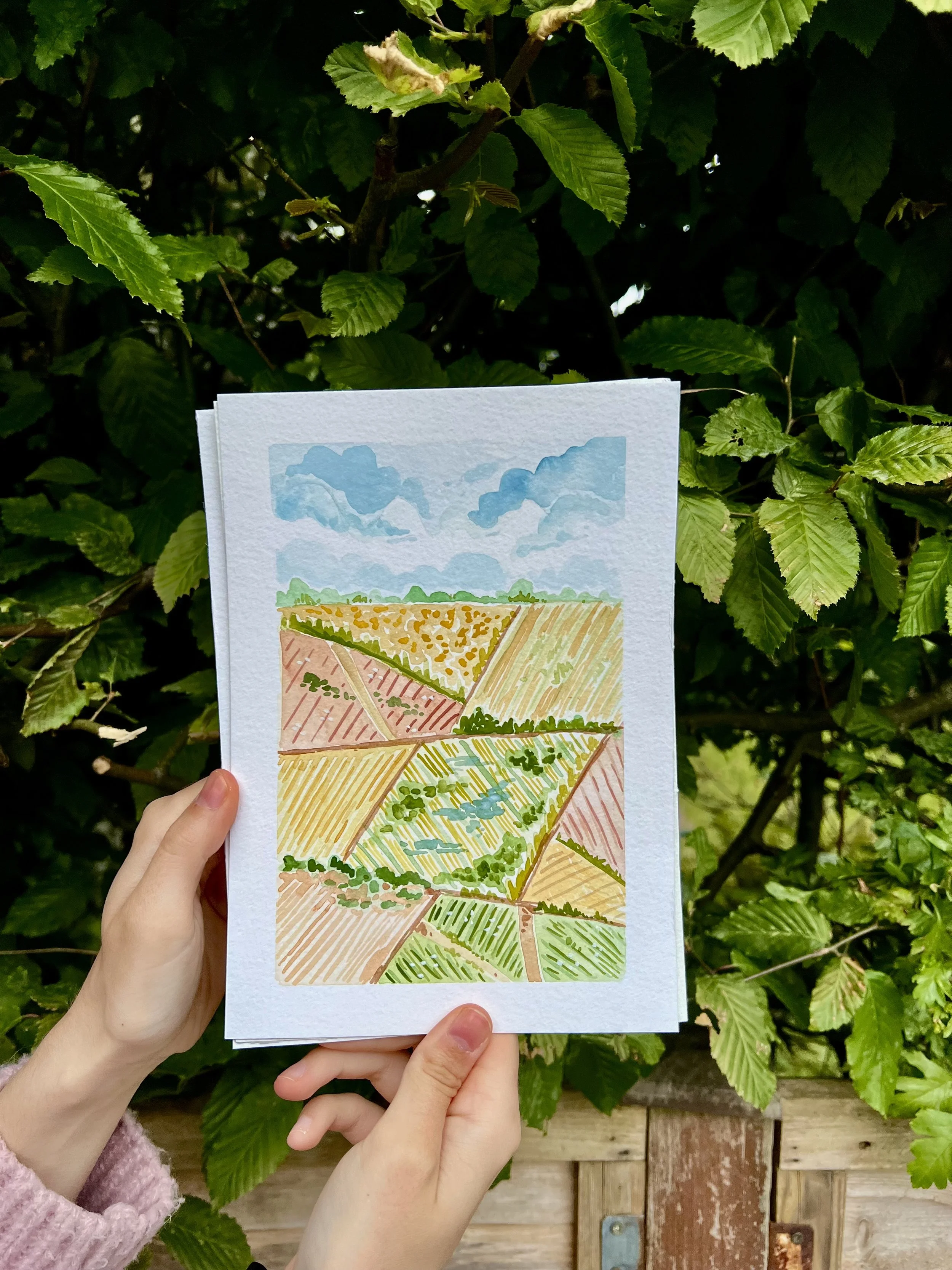 Farm fields A5 painting (original, 2 of 3)