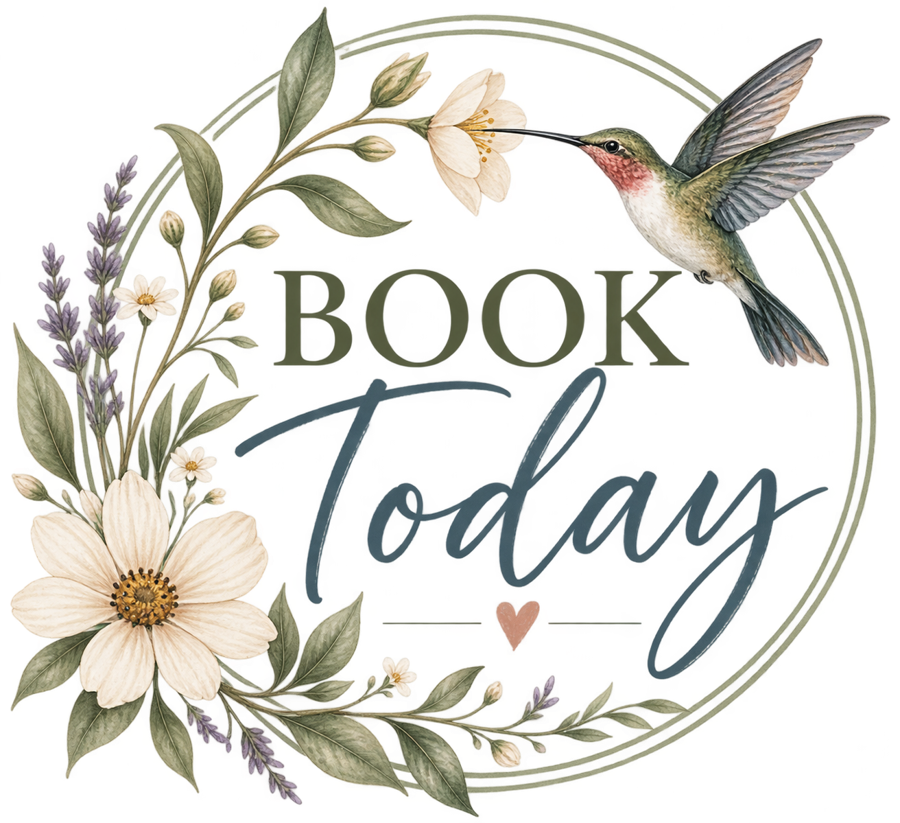 A decorative illustration with flowers, leaves, a hummingbird, and the text 'Book Today' in a circular design.