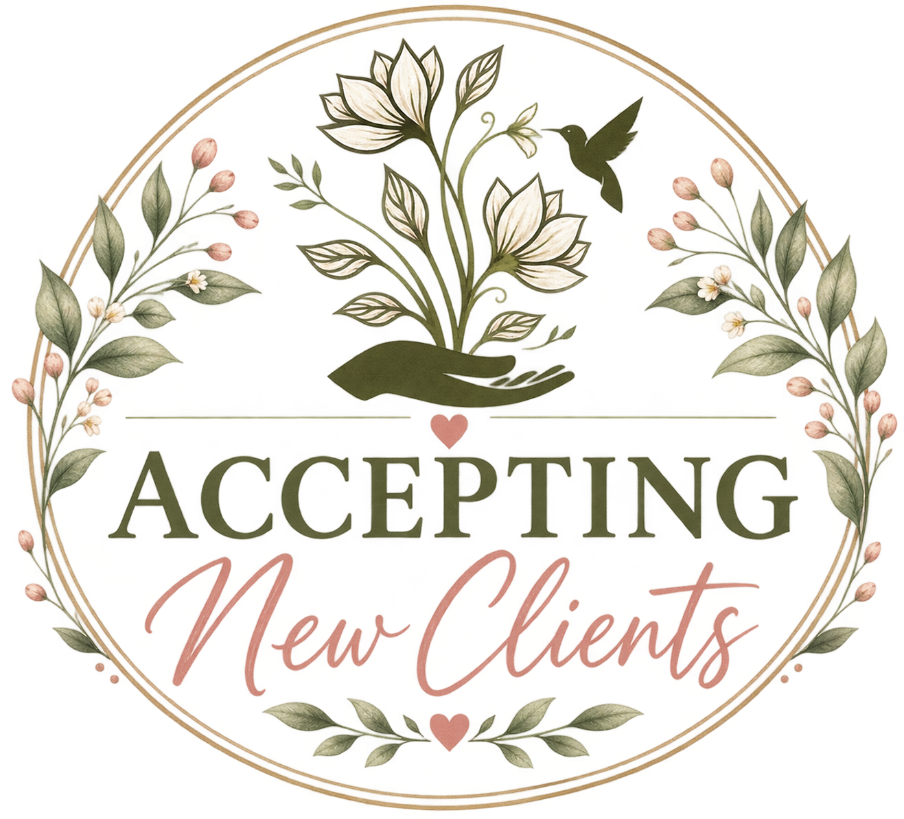 A decorative logo with a floral wreath, a hand holding a blooming flower, and the words 'Accepting New Clients' in a cursive font.