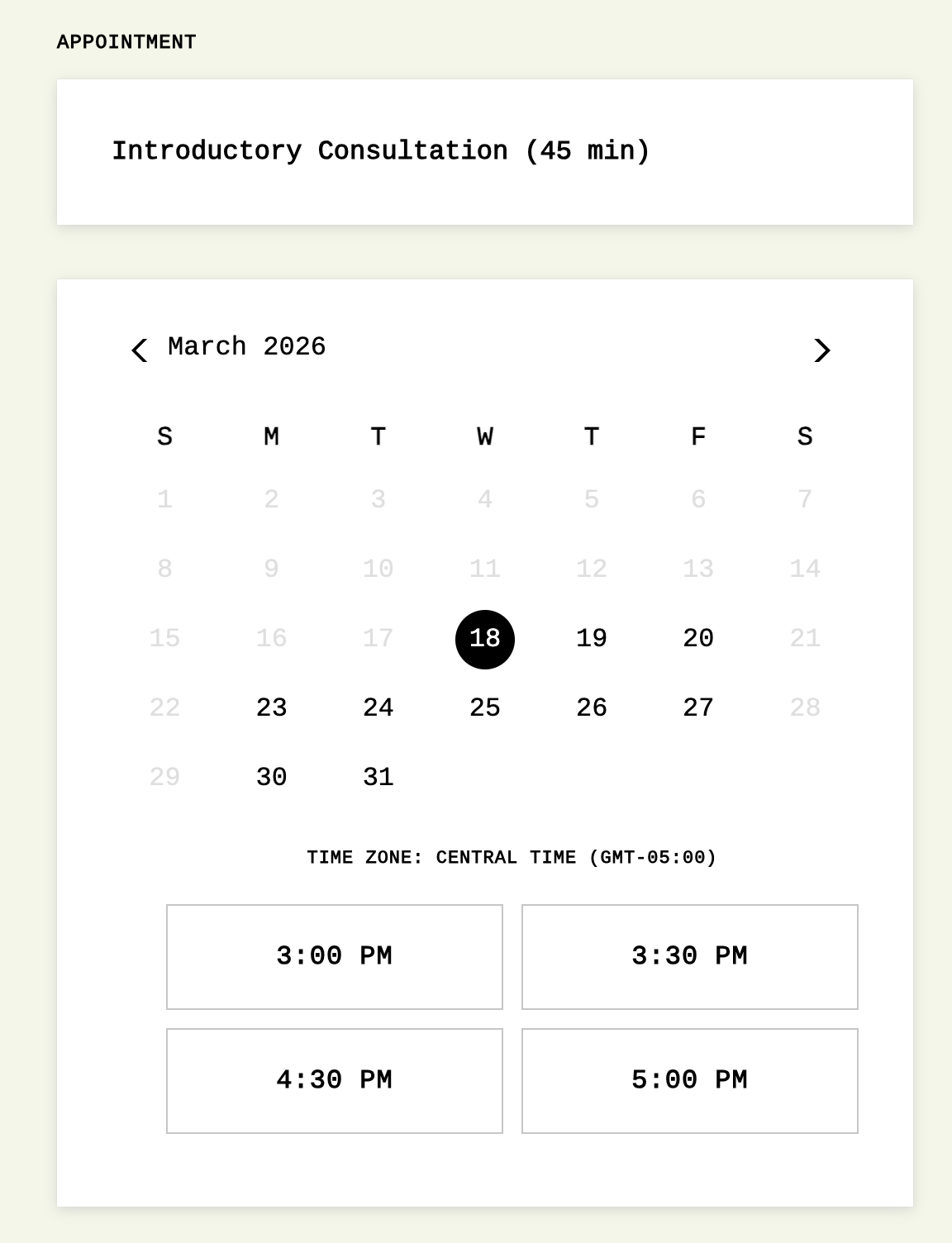 Scheduling website showing an appointment for an introductory consultation on March 18, 2026 at 3:00 PM, with available times listed below.