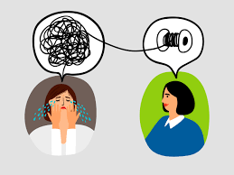 A woman with tears crying, connected to a person with a speech bubble containing a scribbled line representing confusion or anger.