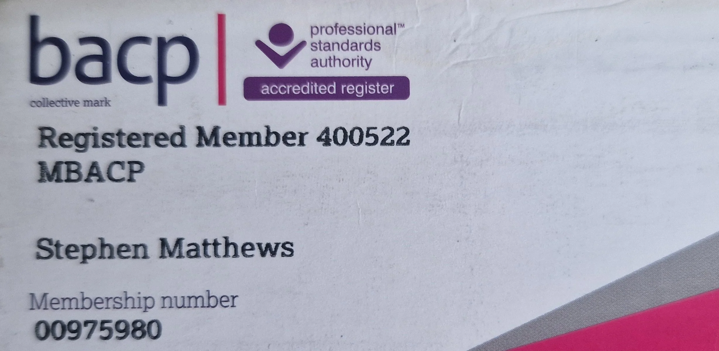 A professional standards authority accreditation card for Stephen Matthews with membership number 00975980, affiliated with the British Association of Counselling and Psychotherapy (BACP).