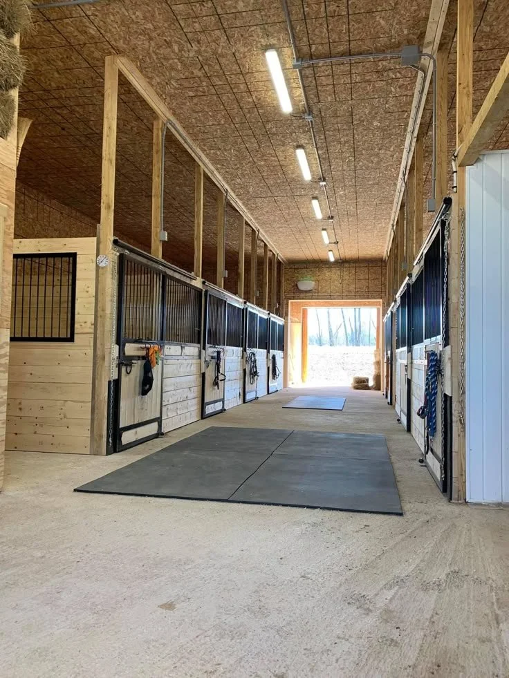 The interior of a clean horse stable with stalls, rubber mats on the floor, and natural light coming through an open door at the end.