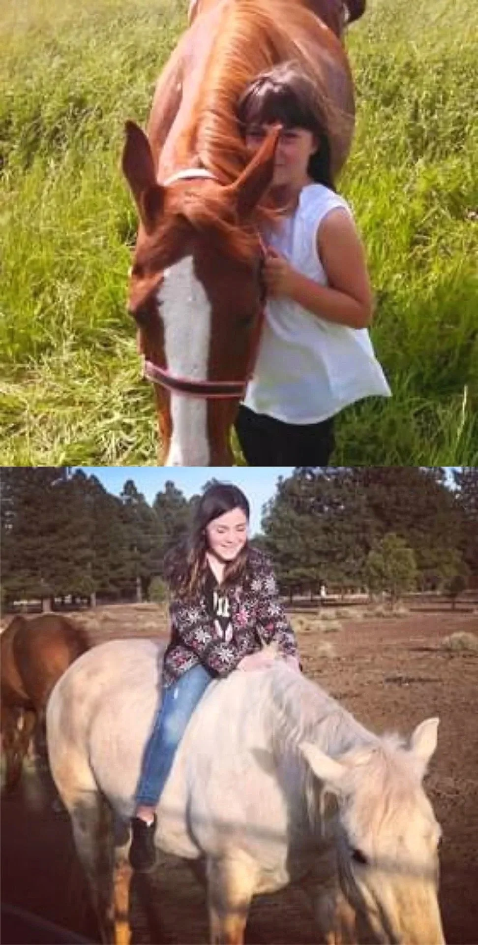 Two young girls riding horses outdoors in a rural setting; the girl in the top image is standing next to a chestnut horse with a white stripe on its face, while the girl in the bottom image is sitting on a light-colored horse with a background of trees and open land.