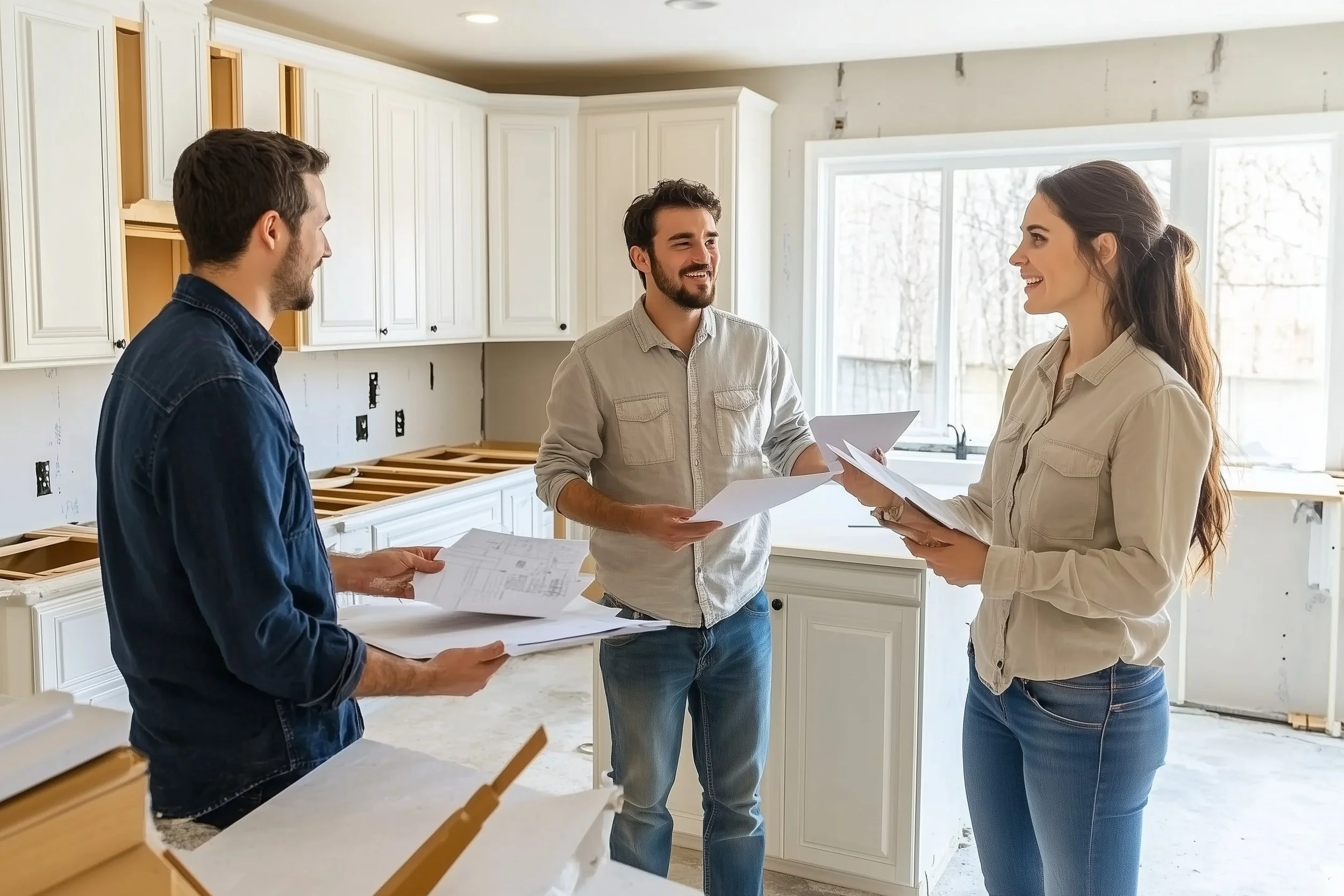 Homeowners comparing wood flooring and finish samples during the material selection phase of a custom home remodeling project.