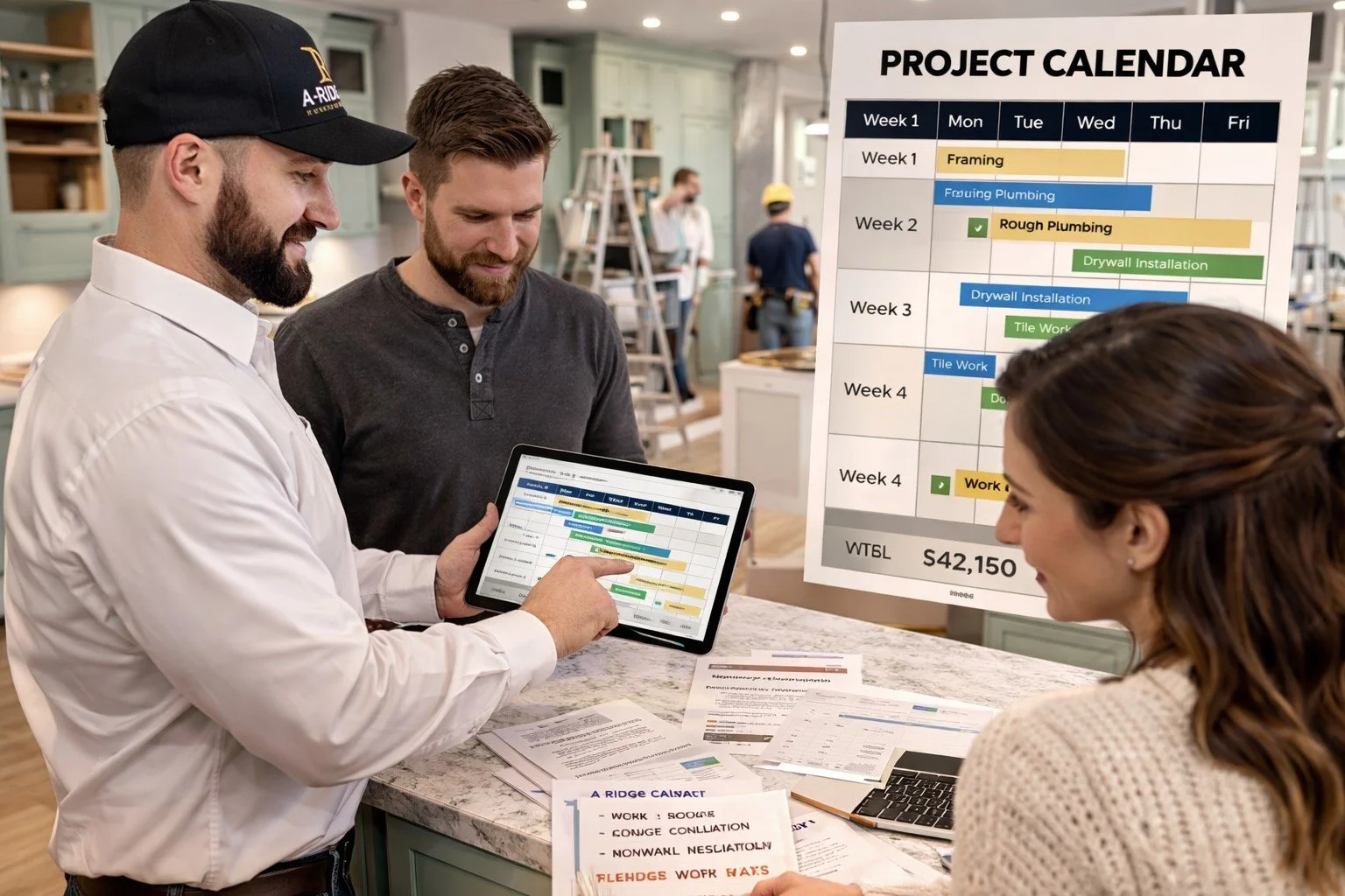 Contractor reviewing project timeline during organized kitchen remodeling renovation