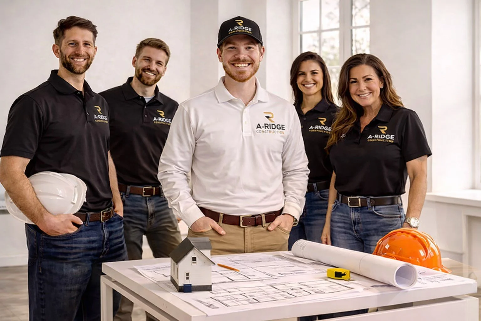 A-Ridge Construction remodeling team standing together with project plans in The Woodlands Texas