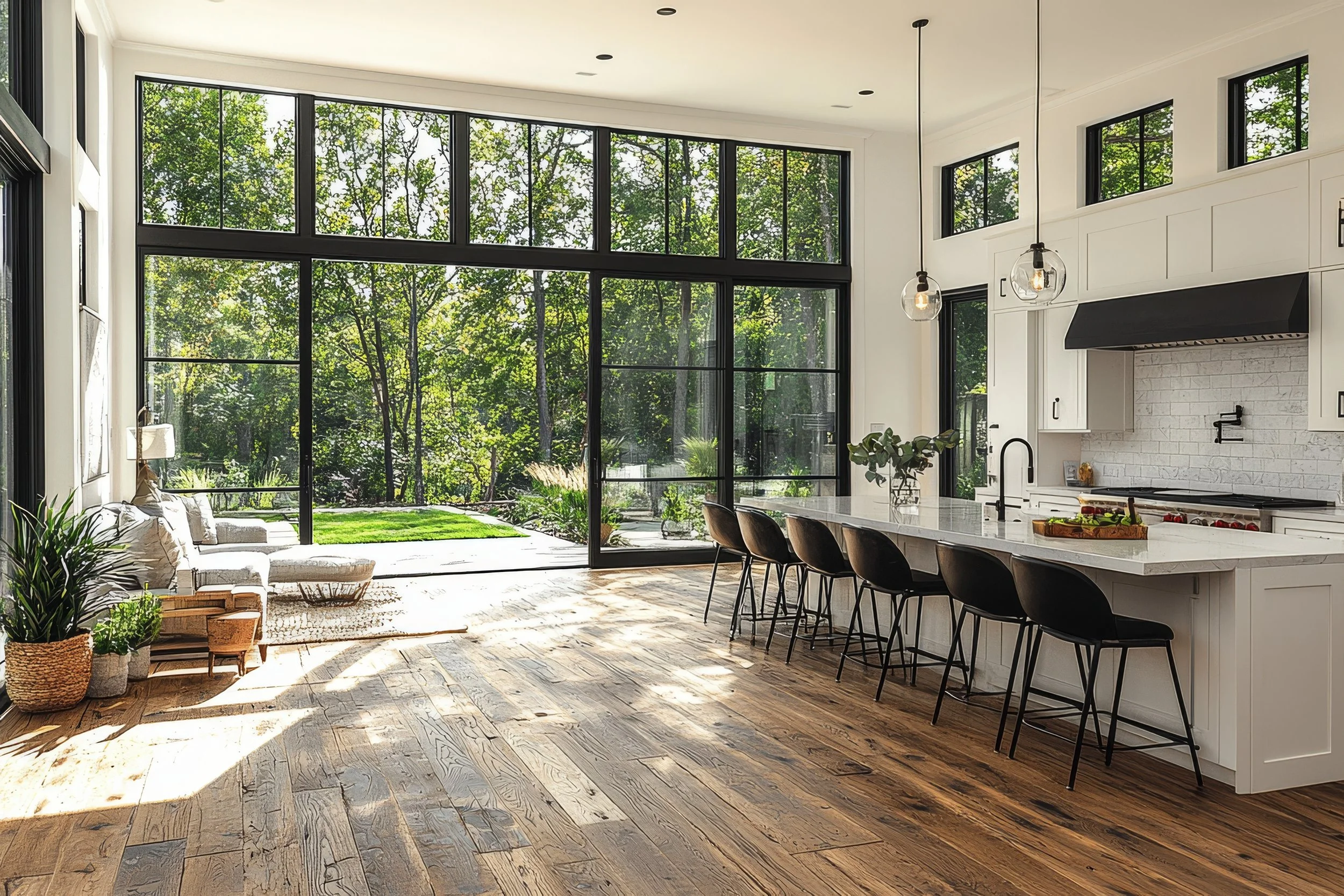 aridge-construction-open kitchen with island lined with chairs, leads to open space towards the backyard which is framed by a black iron lined window, allowing in soft natural light.
