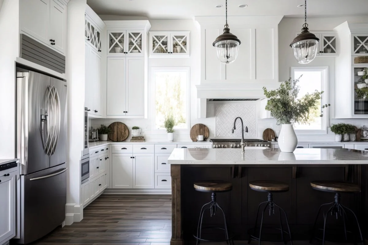 Bright luxury kitchen remodel in The Woodlands with white custom cabinetry, dark wood island, quartz countertops, pendant lighting, stainless steel appliances, and elegant modern farmhouse finishes by A-Ridge Construction.