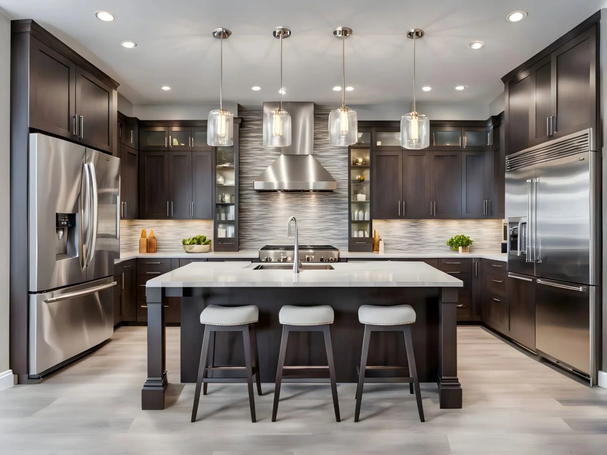 Luxury kitchen remodel in The Woodlands featuring dark custom cabinets, large white quartz island, pendant lighting, stainless steel appliances, tile backsplash, and modern open-concept design by A-Ridge Construction.