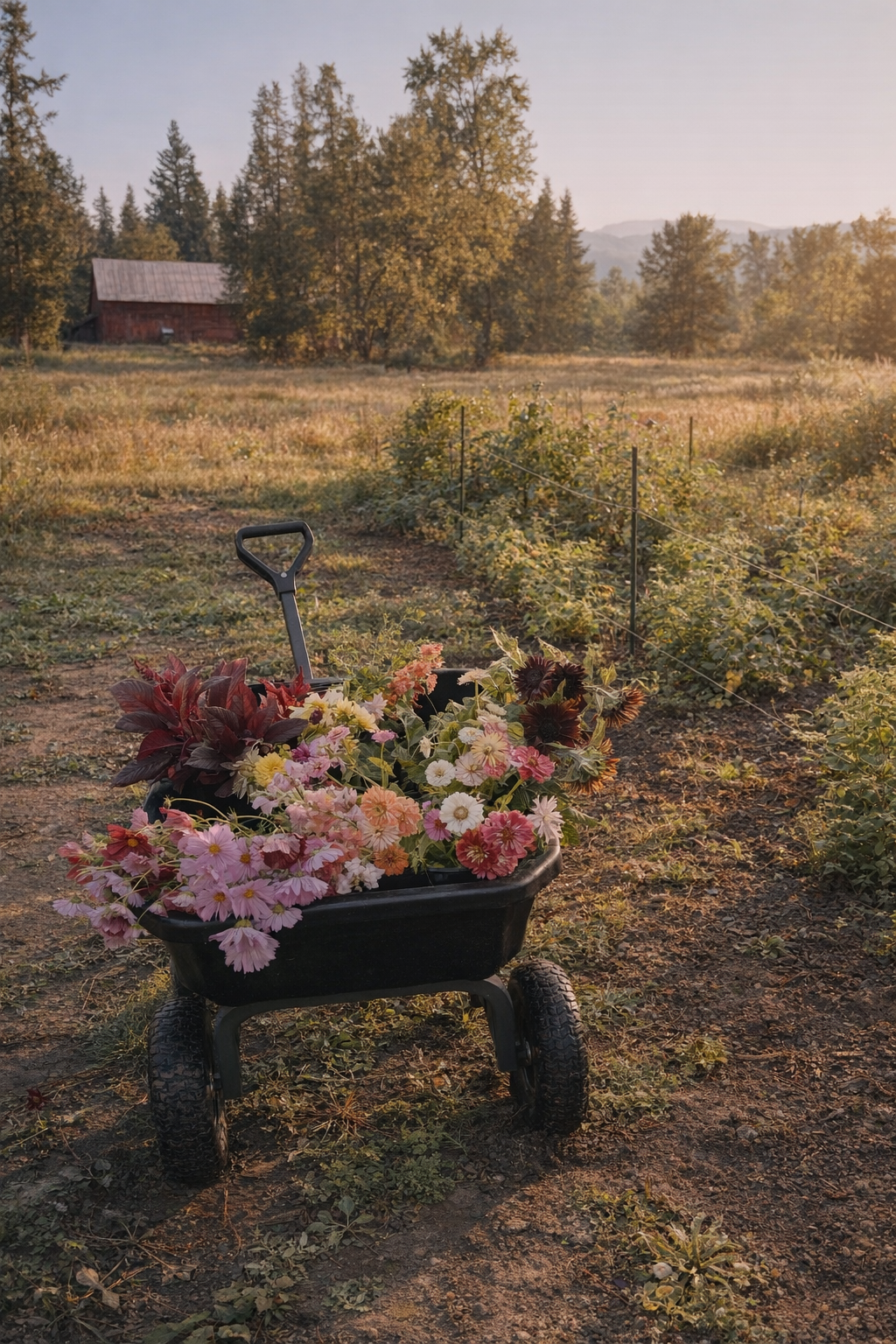 A wheelbarrow filled with colorful flowers, including pink, white, and dark red blooms, set on a dirt path in a rural field during late evening or early morning. In the background, there are rows of green plants, trees, and a red barn in the distance.