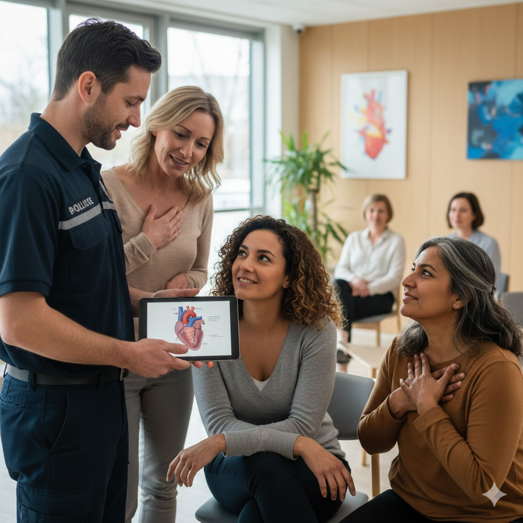 A group of women in a medical setting listening to a police officer showing an illustration of the heart on a tablet.