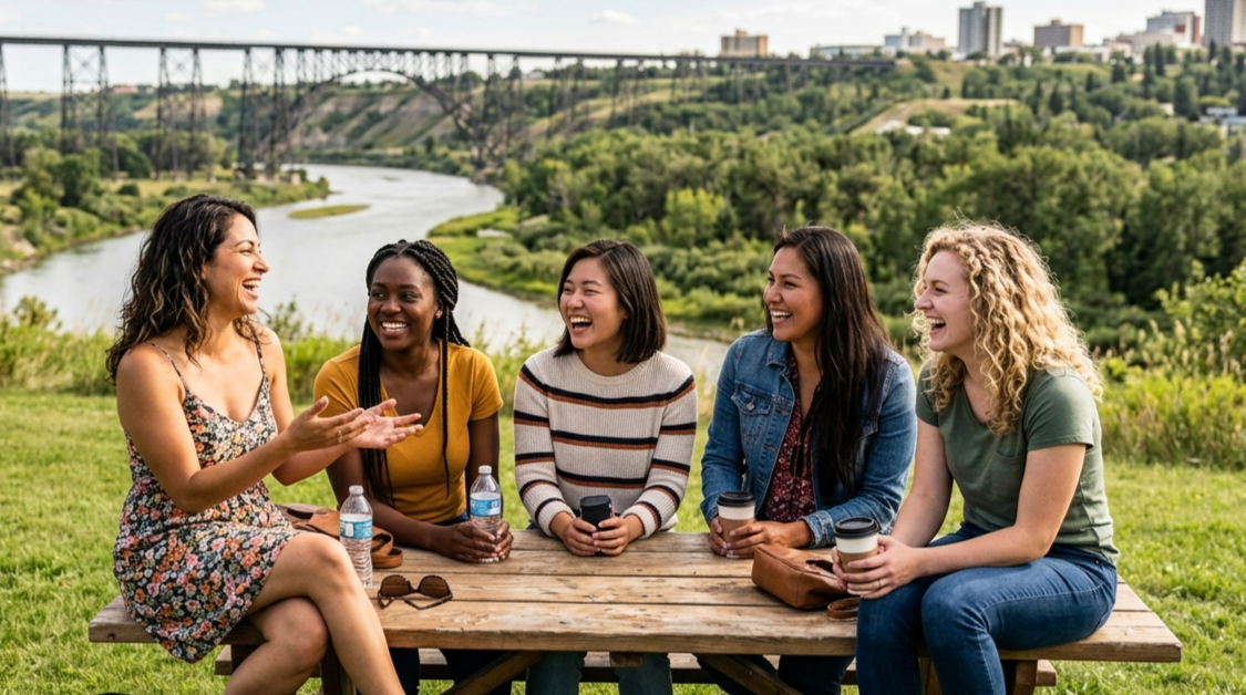 Five women sitting at a picnic table outdoors, laughing and talking, with a river and city skyline in the background.