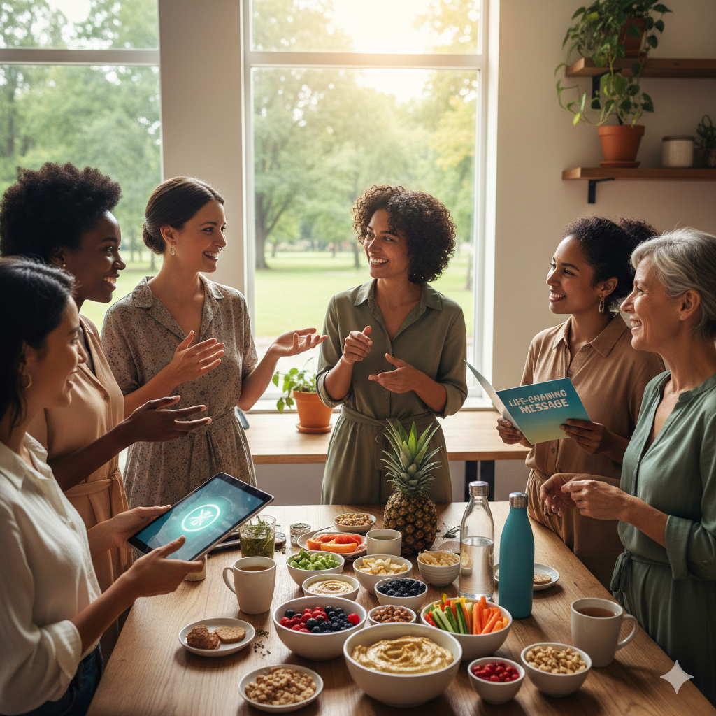 A diverse group of women gathered around a table with various healthy foods, sharing a lively discussion in a bright room with large windows and lush greenery outside.