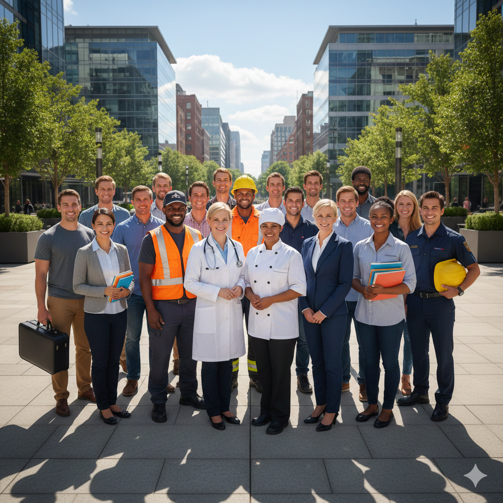 Group of diverse professionals and workers standing outdoors in an urban setting with modern glass buildings and trees in the background, smiling at the camera.