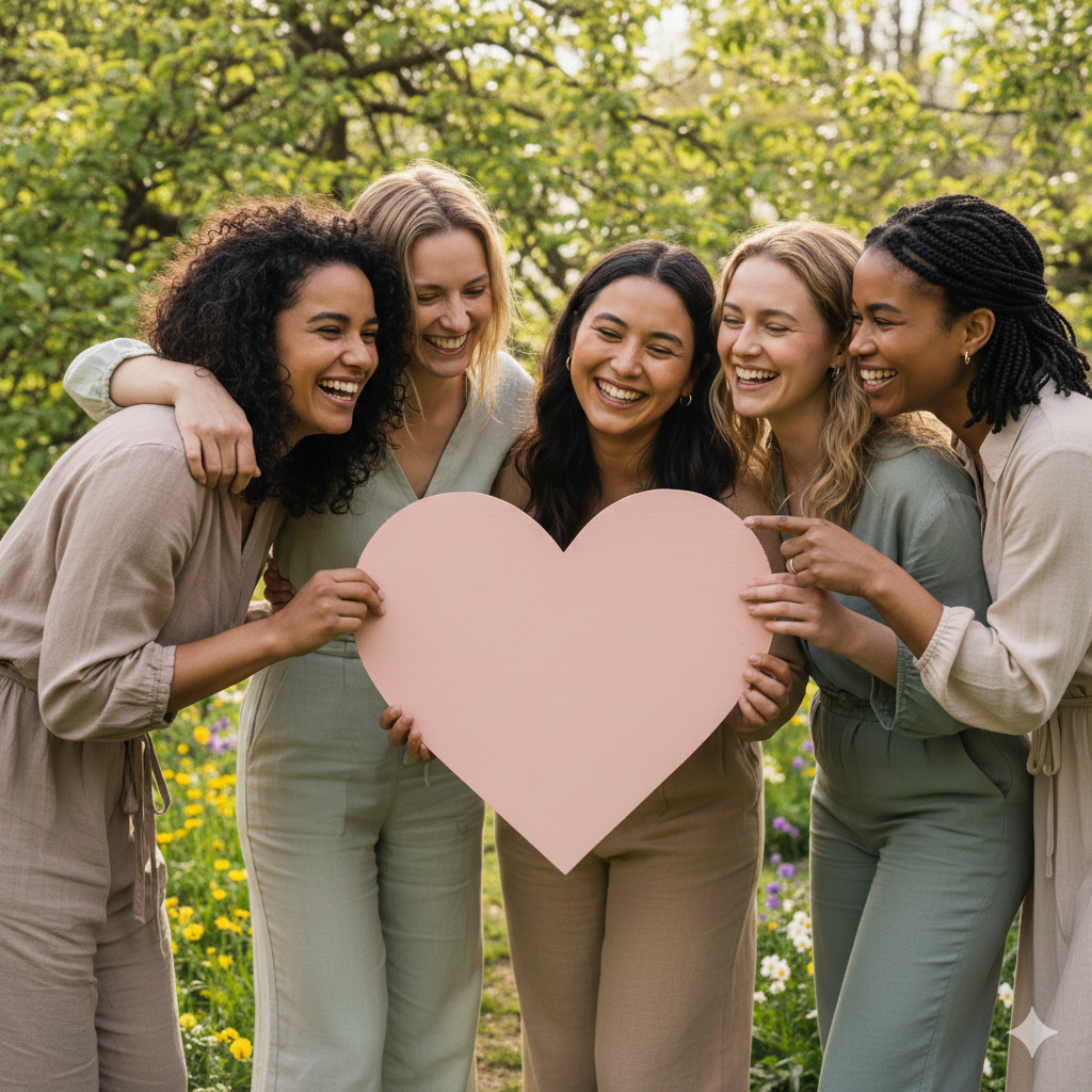 Five women standing outdoors, smiling and holding a large pink heart-shaped sign, with green trees and flowers in the background.