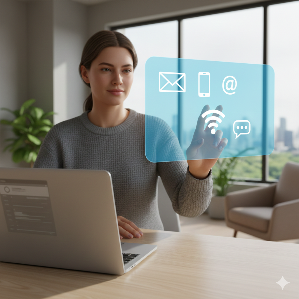 A woman in a gray sweater interacts with a virtual touchscreen interface displaying icons for email, phone, at symbol, Wi-Fi, and messaging in a modern office setting.
