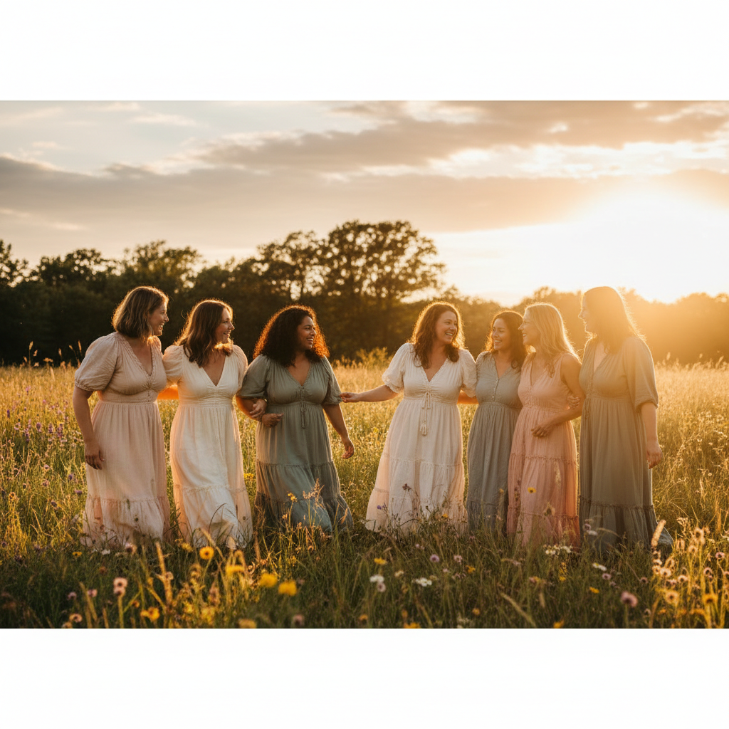 Seven women holding hands and smiling in a meadow at sunset, wearing pastel-colored dresses.