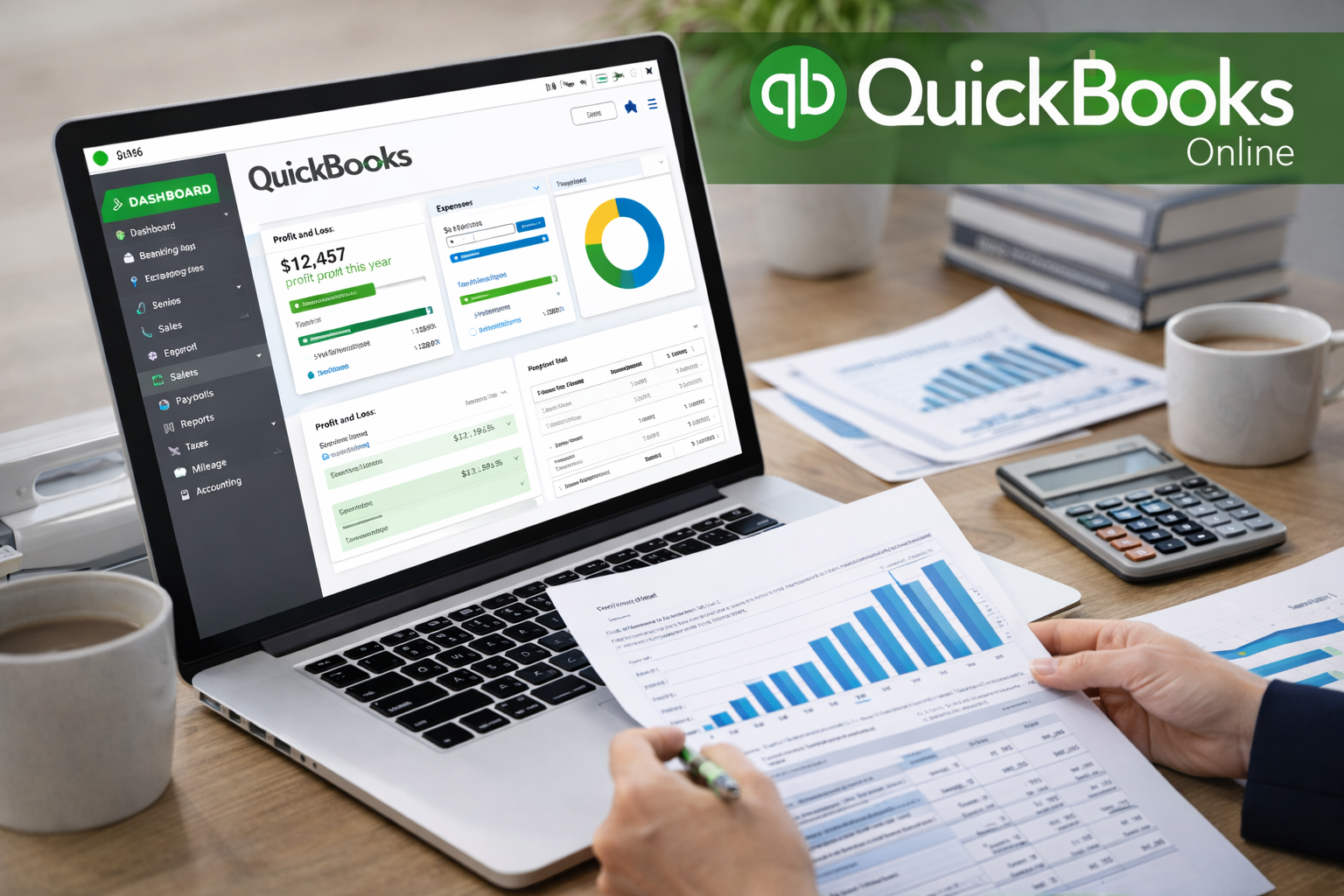 QuickBooks Online dashboard displayed on laptop used for small business bookkeeping and financial reporting