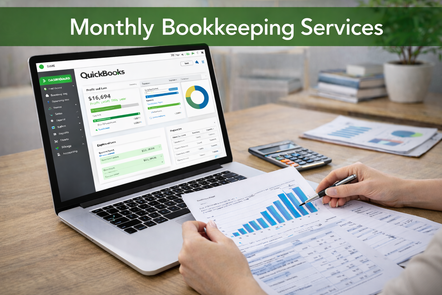 Monthly bookkeeping services showing QuickBooks Online dashboard and organized financial reports being reviewed by a professional bookkeeper