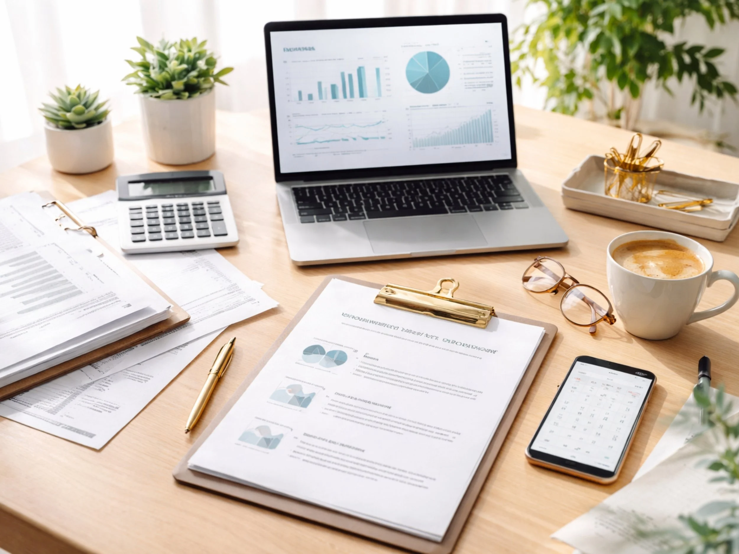 An organized bookkeeper's office desk with a laptop displaying graphs and charts, a calculator, a clipboard with documents, a pen, glasses, a smartphone, a cup of coffee, and potted plants.
