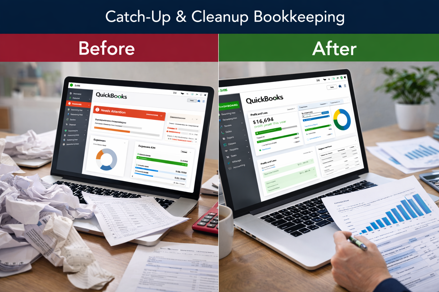 Catch up and cleanup bookkeeping showing disorganized financial records before and organized QuickBooks reports after cleanup
