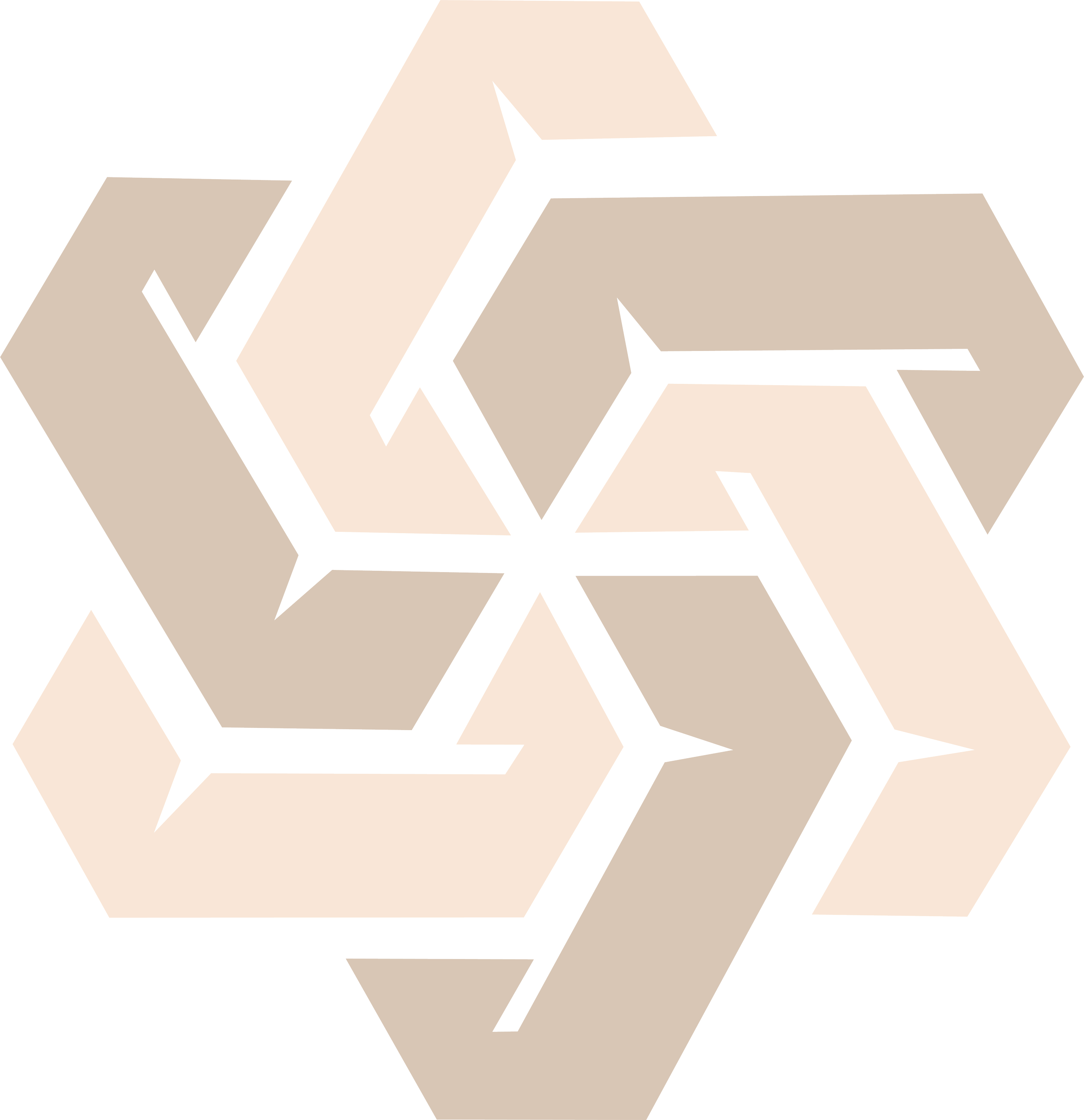 An abstract geometric illustration of three interlocking hexagons in beige and black, creating a three-dimensional illusion.