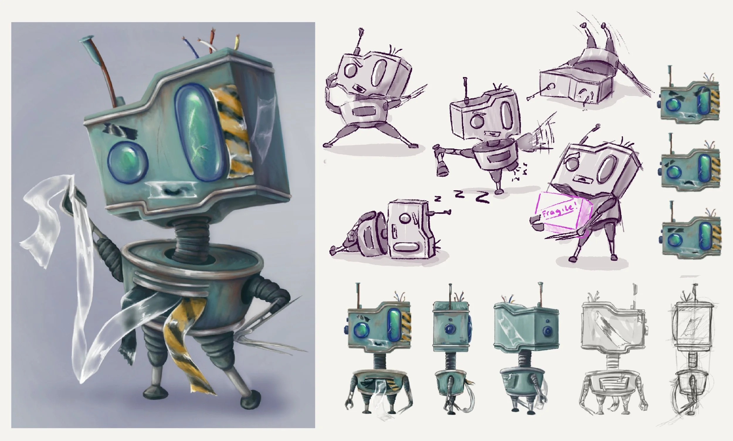 Design sketches and a digital rendering of a robot with a vintage television-like head, a boxy body, and flexible limbs. The robot has antennae, a warning stripe, and appears in various poses and sketches, including a sleeping and a fragile package-h