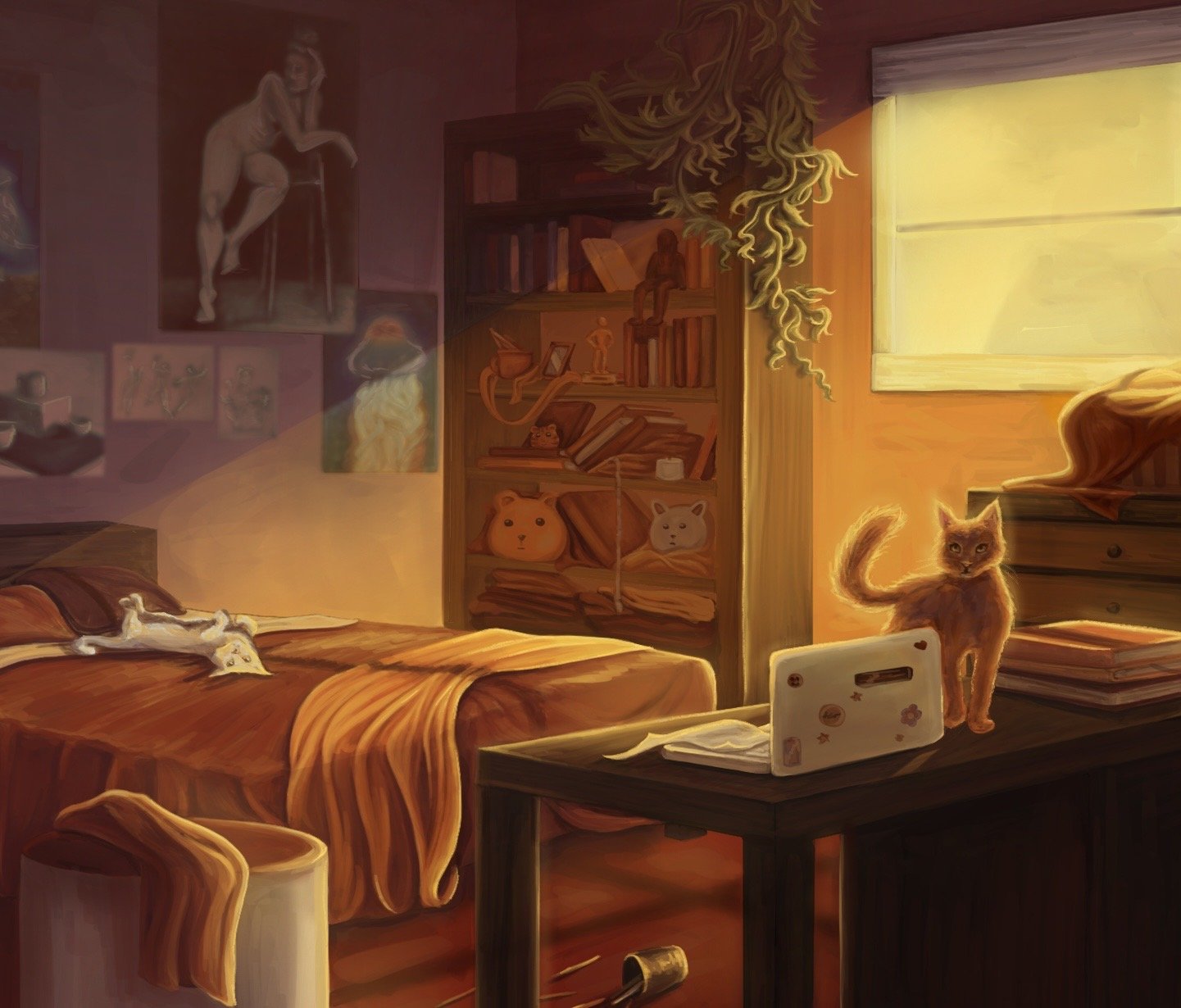 A cozy bedroom scene with a bed, a cat lying on it, a small dog on a table, bookshelves, and artwork on the wall. Sunlight streams in through a window.