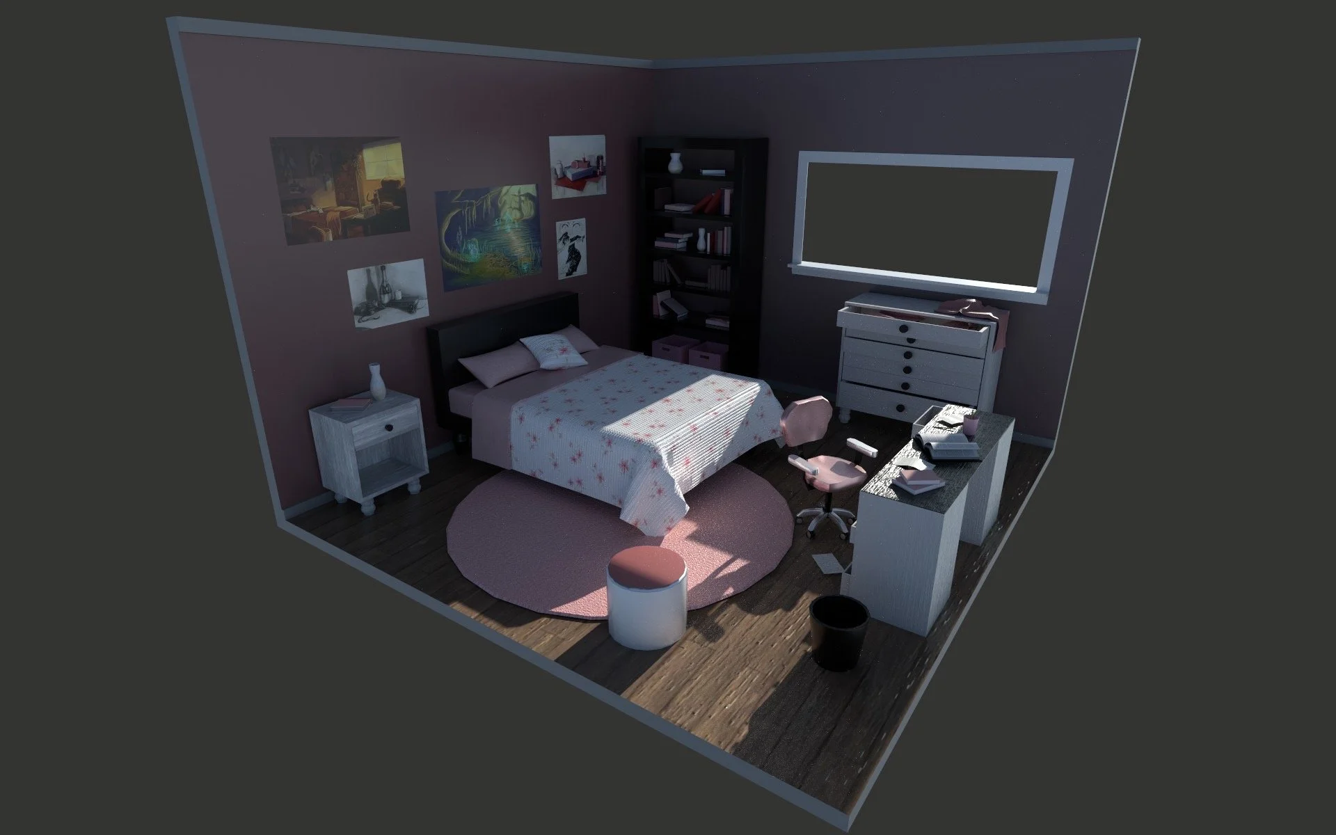 A cozy bedroom with a bed, a pink round rug, a small white nightstand, a pink stool, a black waste bin, a white dresser, a desk with books and a chair, and framed artwork on the wall.