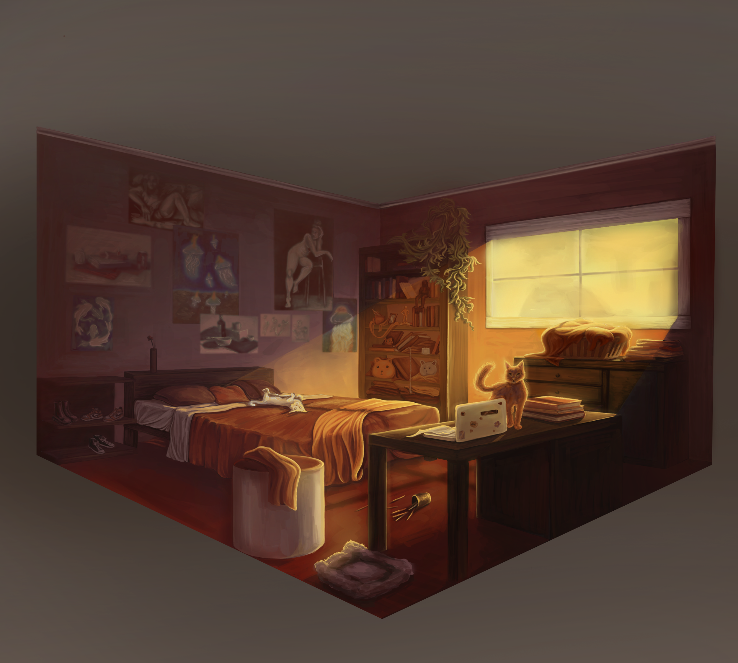 A cozy bedroom illuminated by warm sunlight with posters on the wall, a bed with brown and orange bedding, a cat on the bed, a desk with a cat, bookshelves, and a window with yellow curtains.