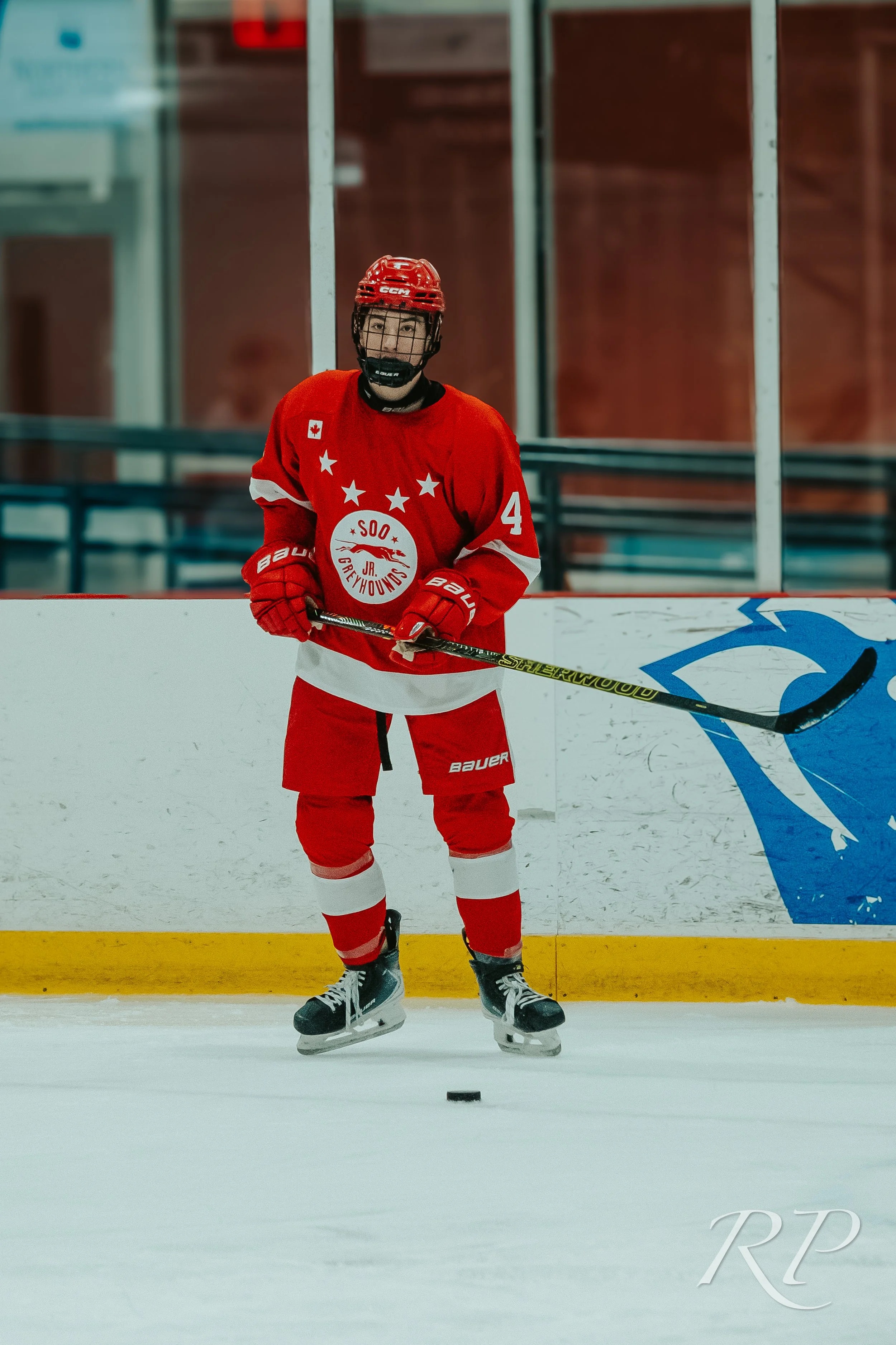 An ice hockey player in red uniform with a black helmet, holding a hockey stick, skating on the ice rink.