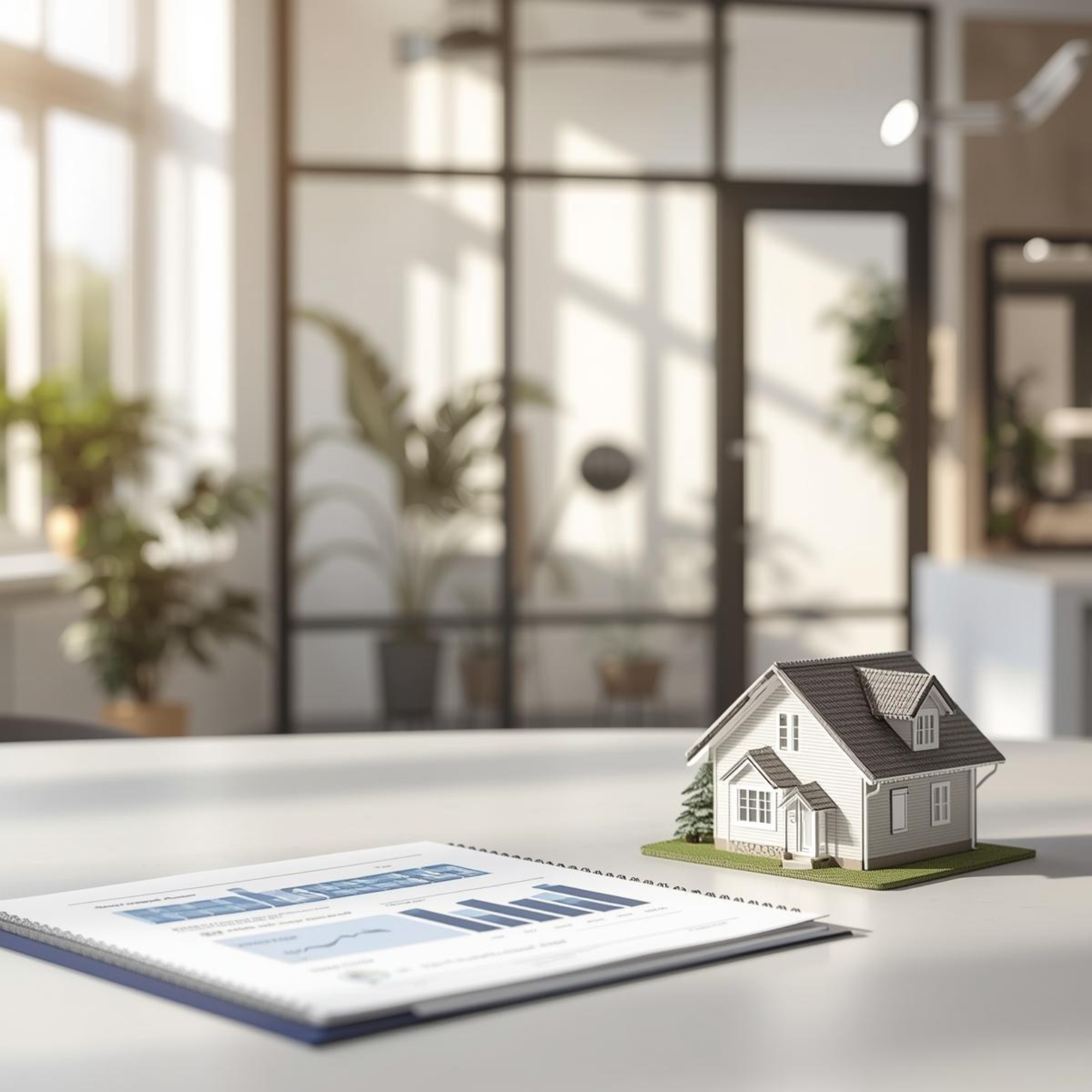 Hausmodell auf Bauplänen in modernem Büro