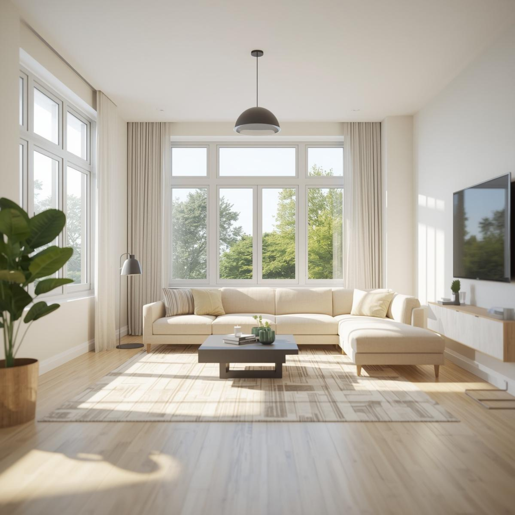 Helles modernes Wohnzimmer mit großen Fenstern