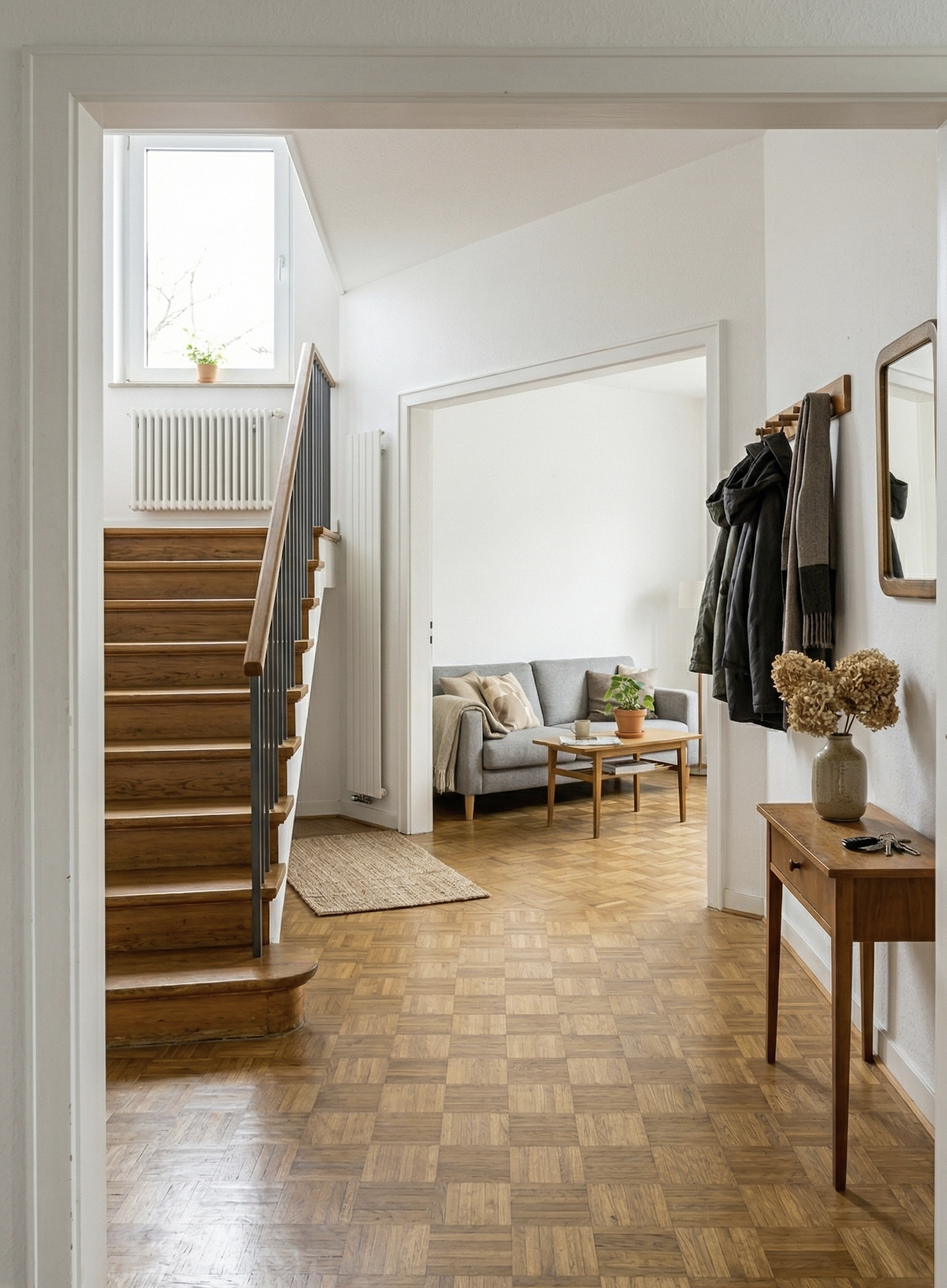 Heller Eingangsbereich eines Hauses mit Treppe und Blick ins Wohnzimmer