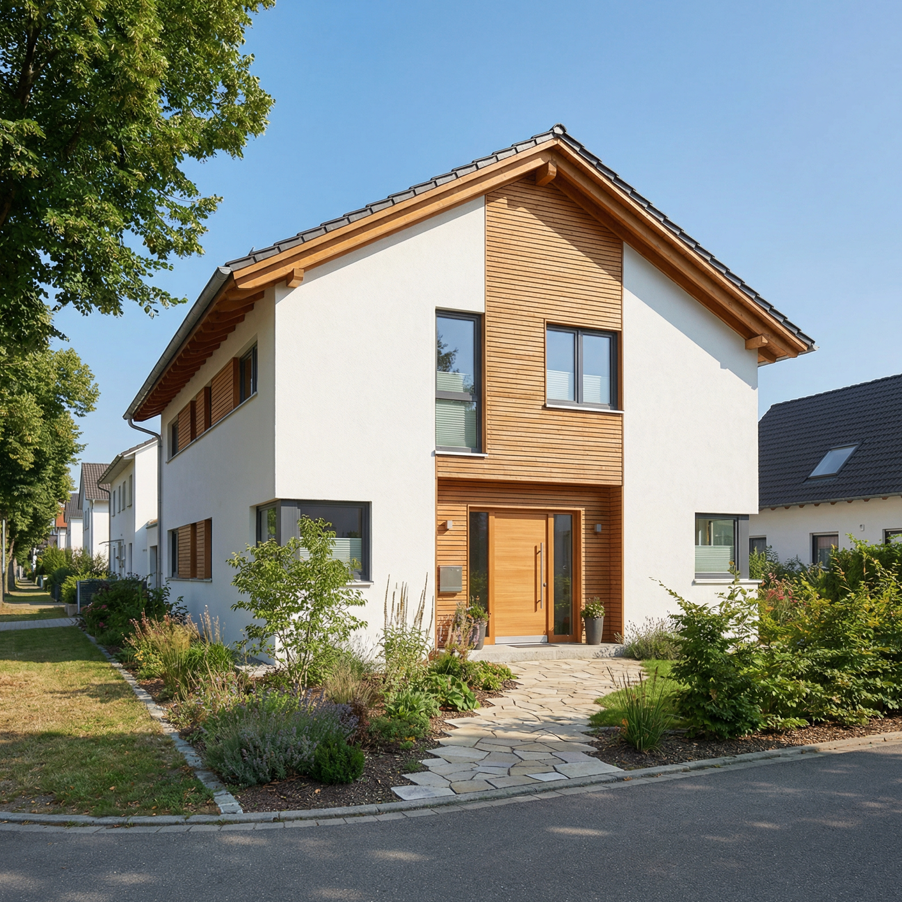 Modernes Wohnhaus mit Garten und großen Fenstern