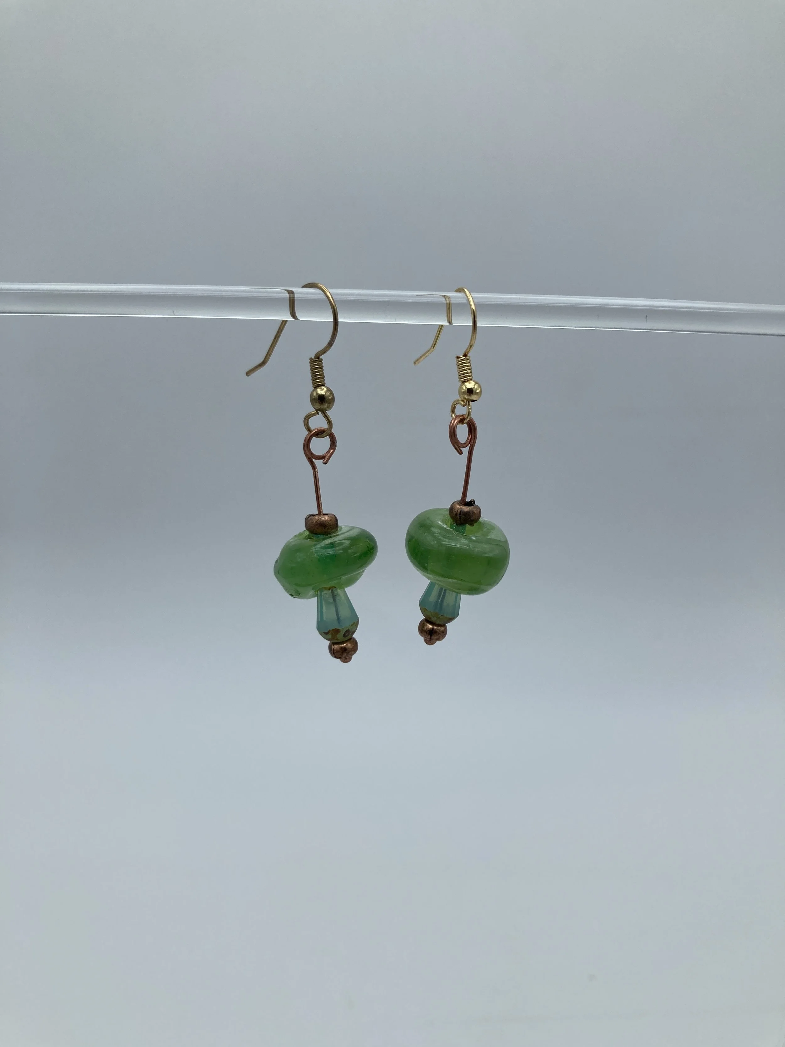 green glass beads in copper cap & beads