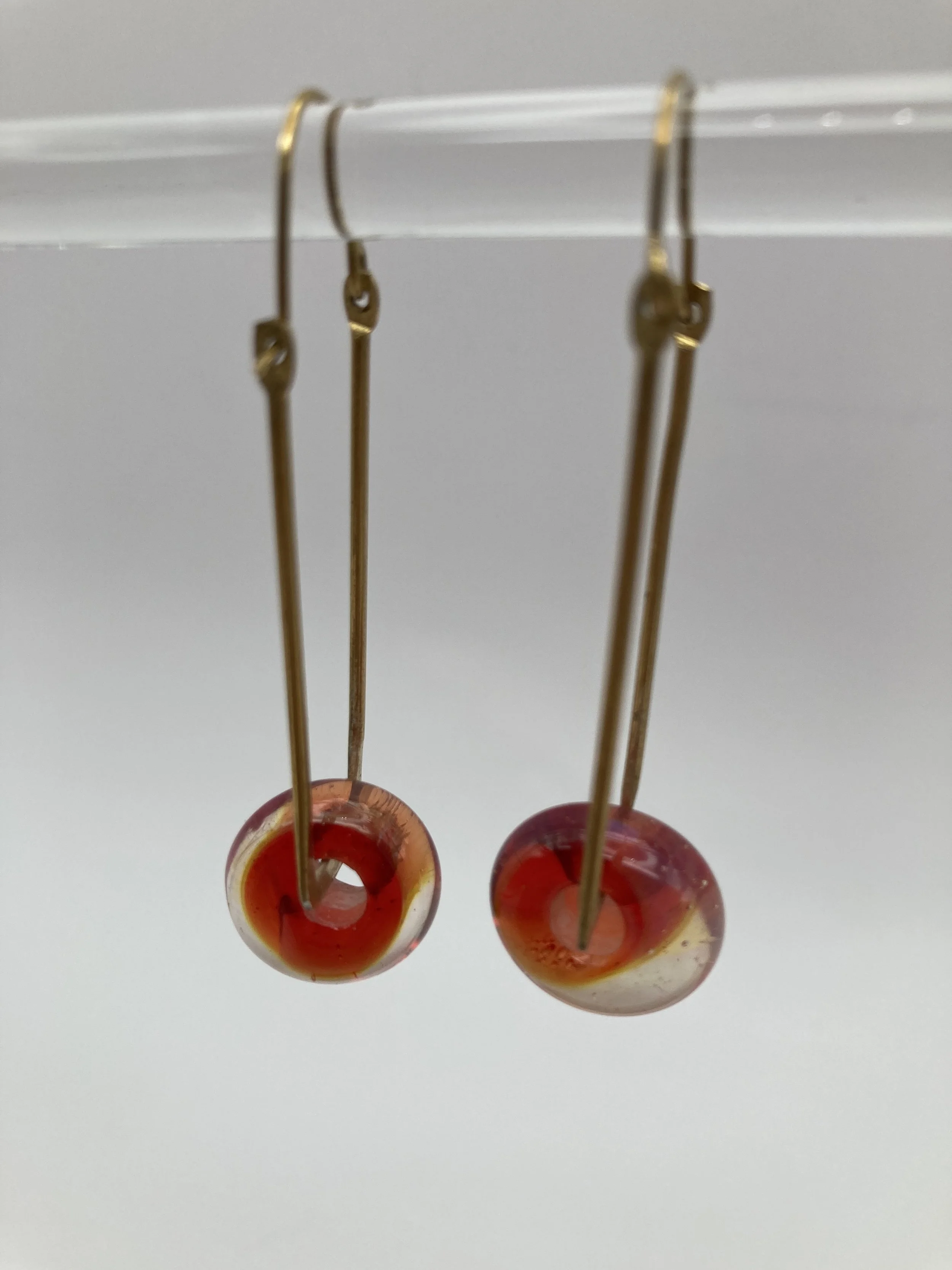 earrings w red glass beads in gold frame
