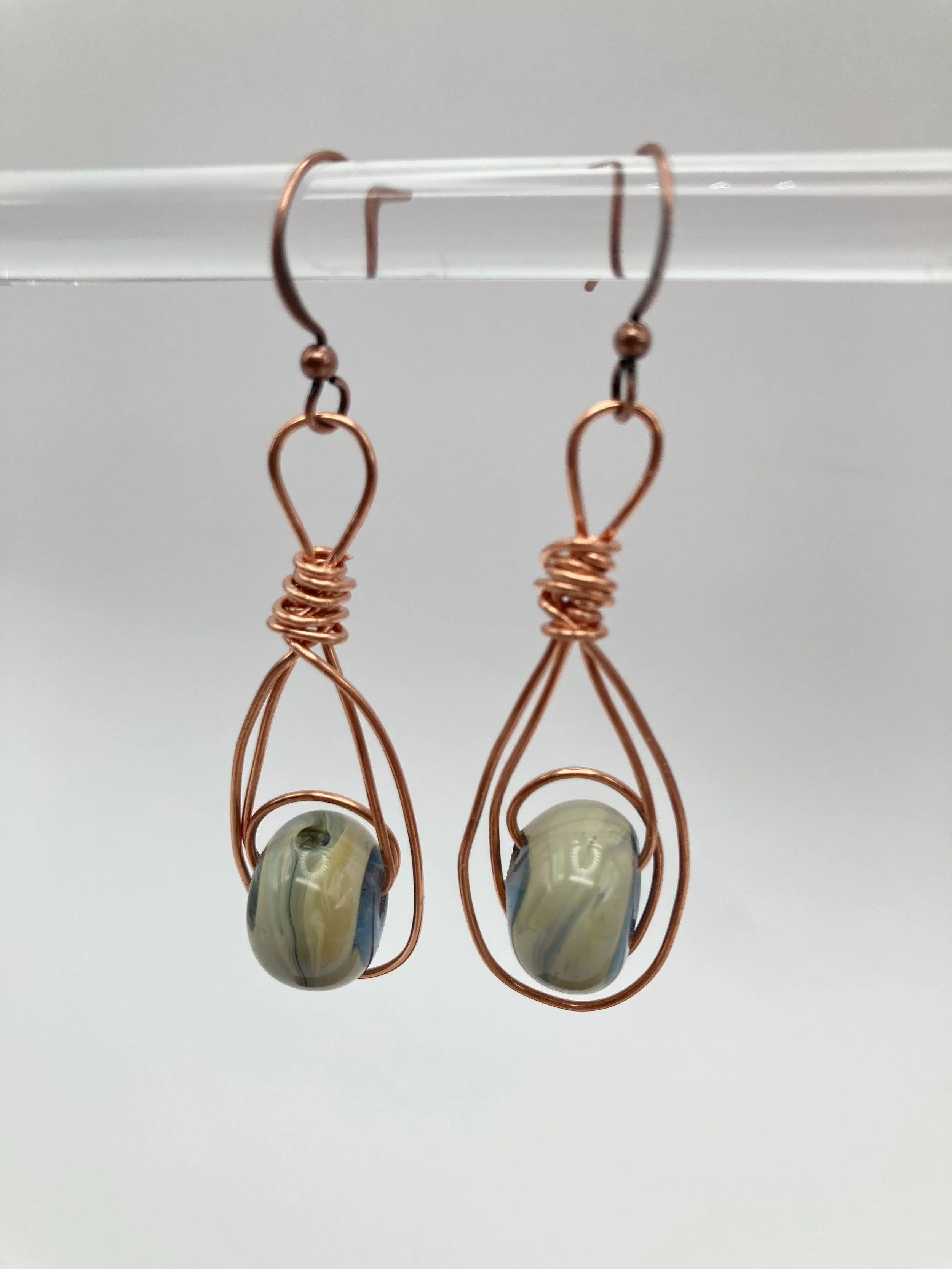 earrings w cream & blue glass beads in copper frame