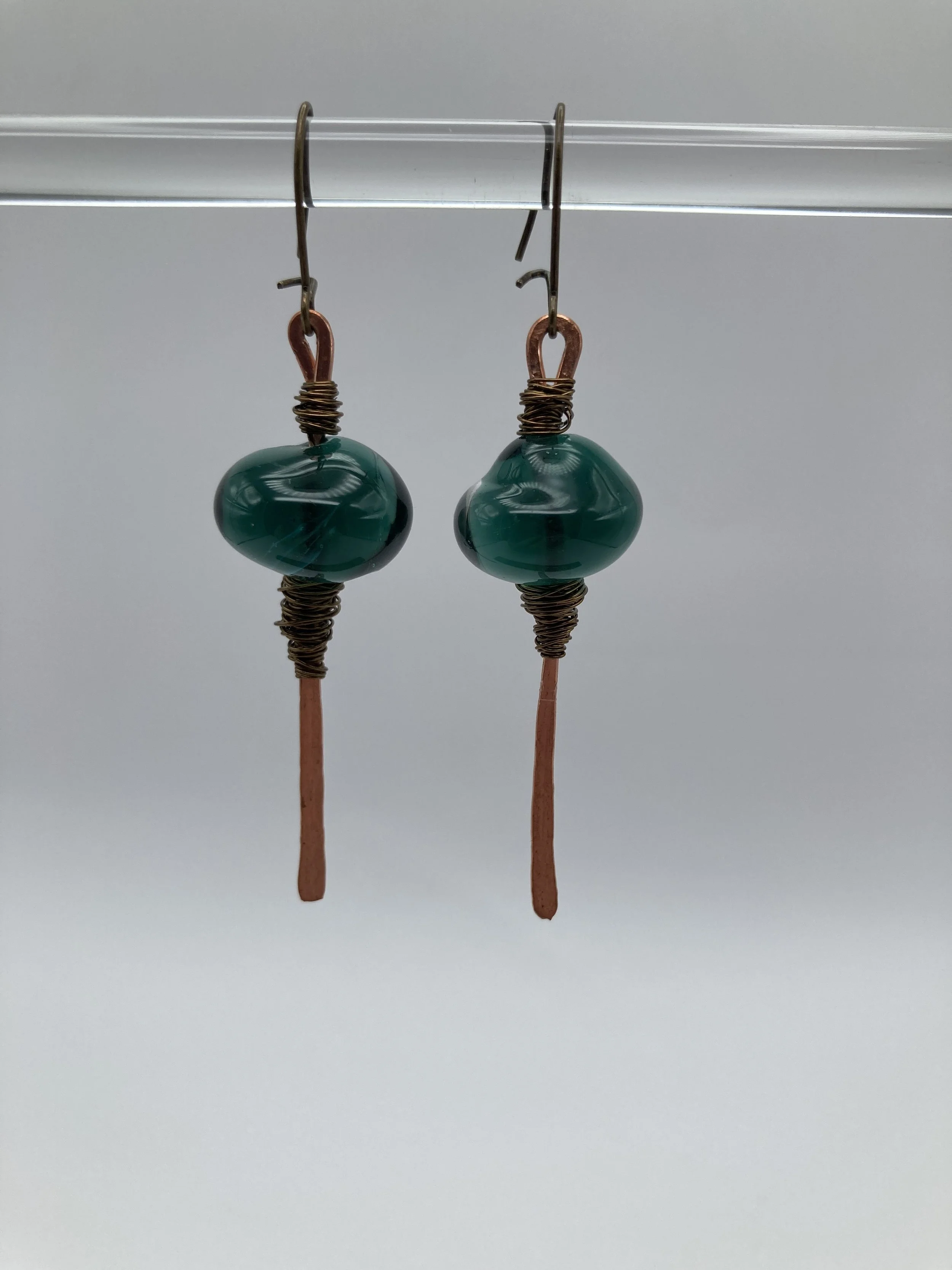 earrings w blue stardust glass beads on copper wire